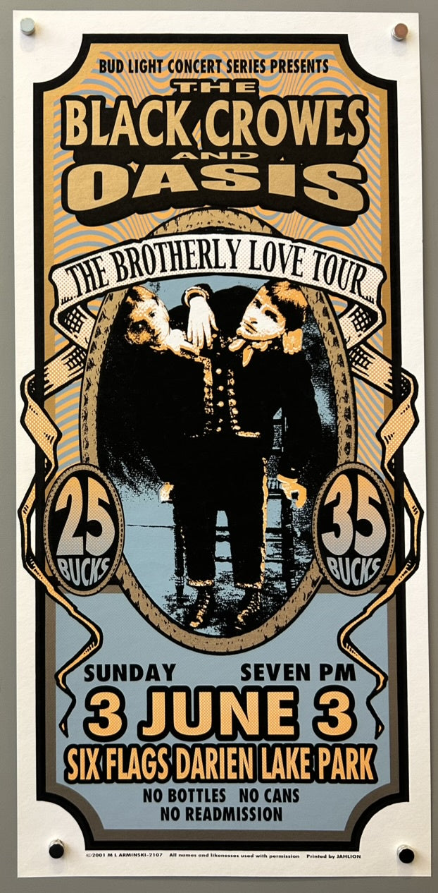 HE BLACK CROWES AND OASIS THE BROTHERLY LOVE TOUR," presented by "BUD LIGHT CONCERT SERIES." The poster features an illustration of two figures, likely representing the band members, in a stylized oval frame.