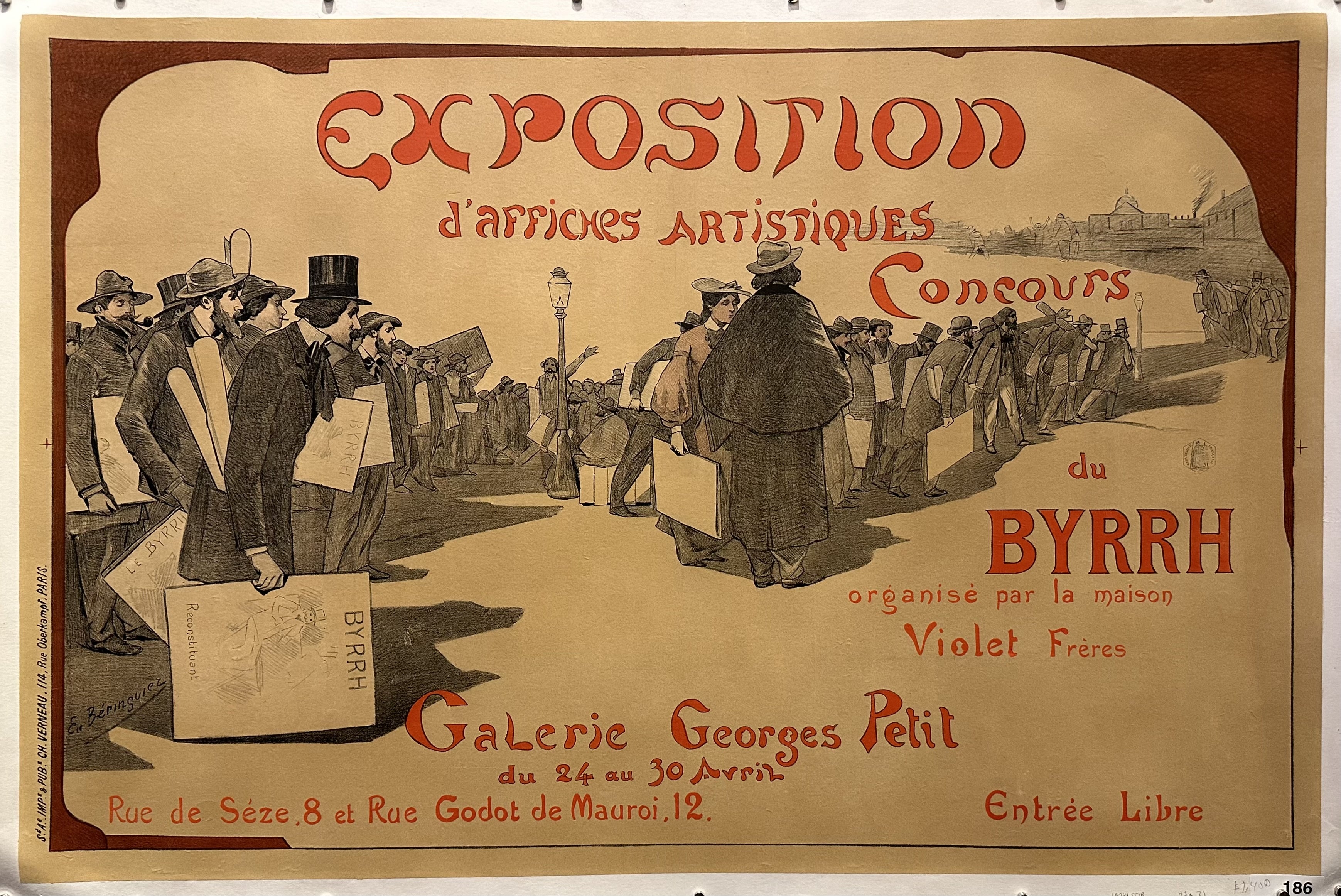 Illustrated people walk towards something out of sight with posters in their hands in this poster promoting an art exhibition, hosted by Byrrh.