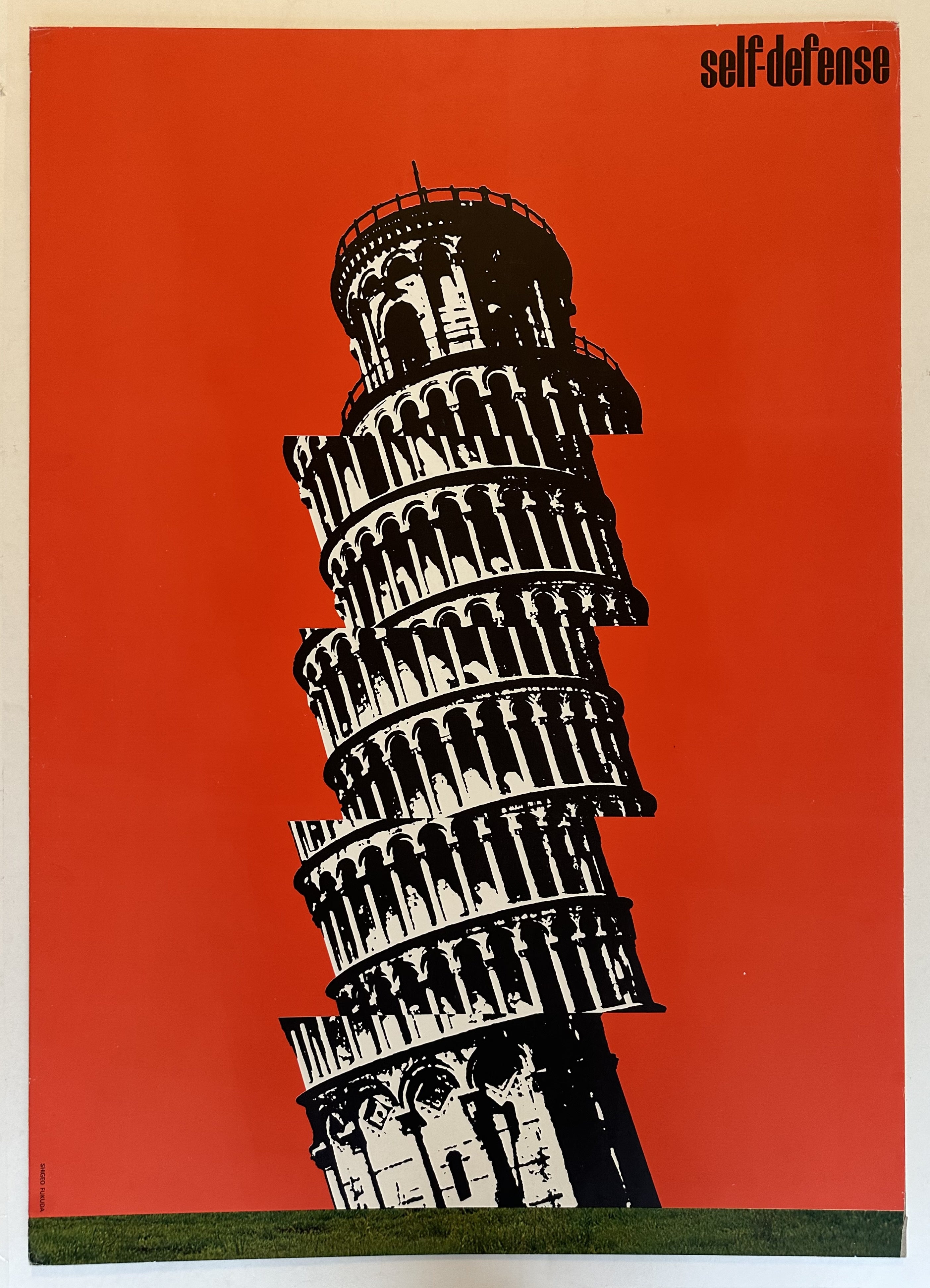 A poster by Shigeo Fukuda titled "Self-Defense". It features a black and white image of the Leaning Tower of Pisa on a red background. The tower appears to be falling over, with the word "self-defense" at the top right corner.