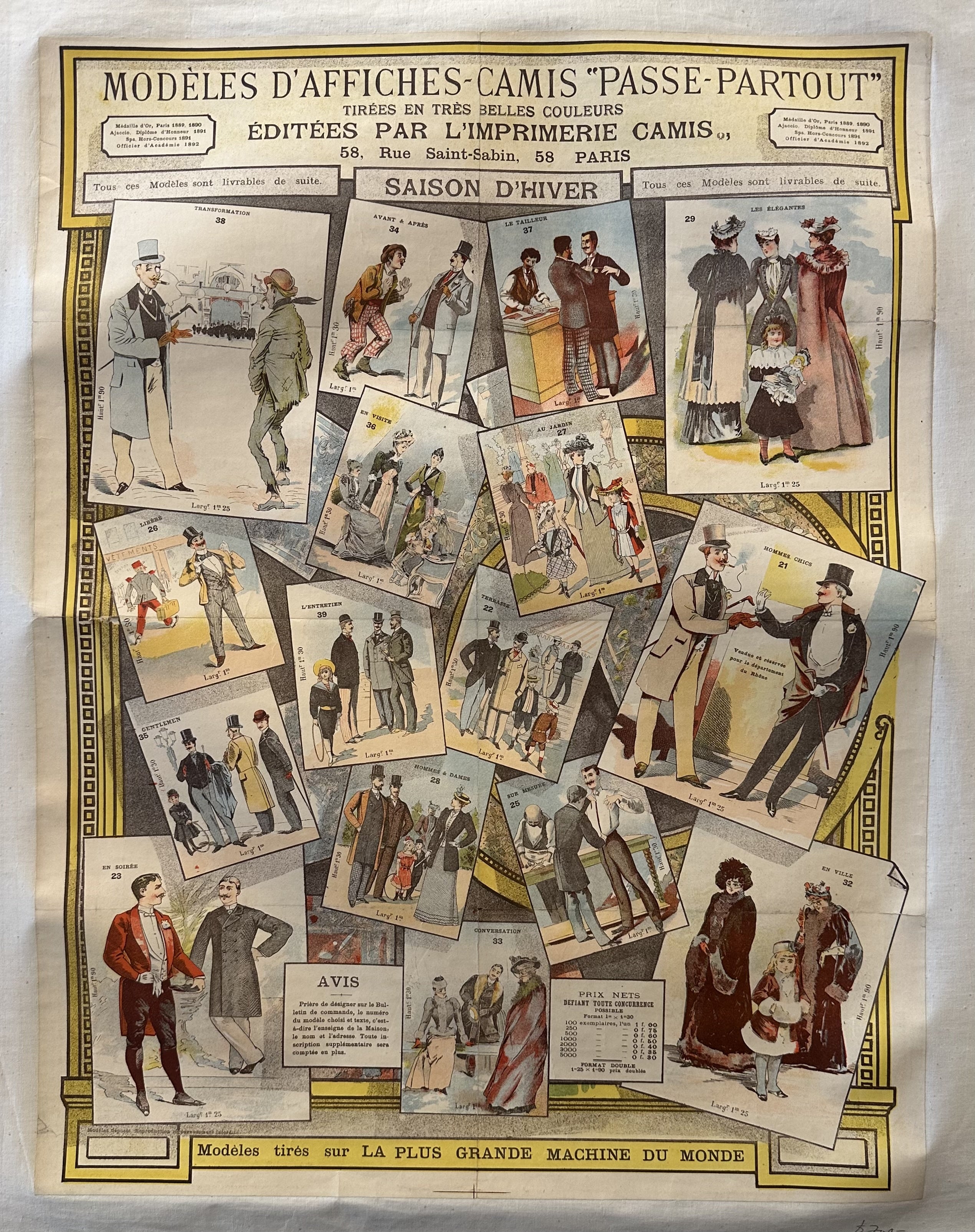 Various vignettes of people in nice clothing for French ad for printing templates.