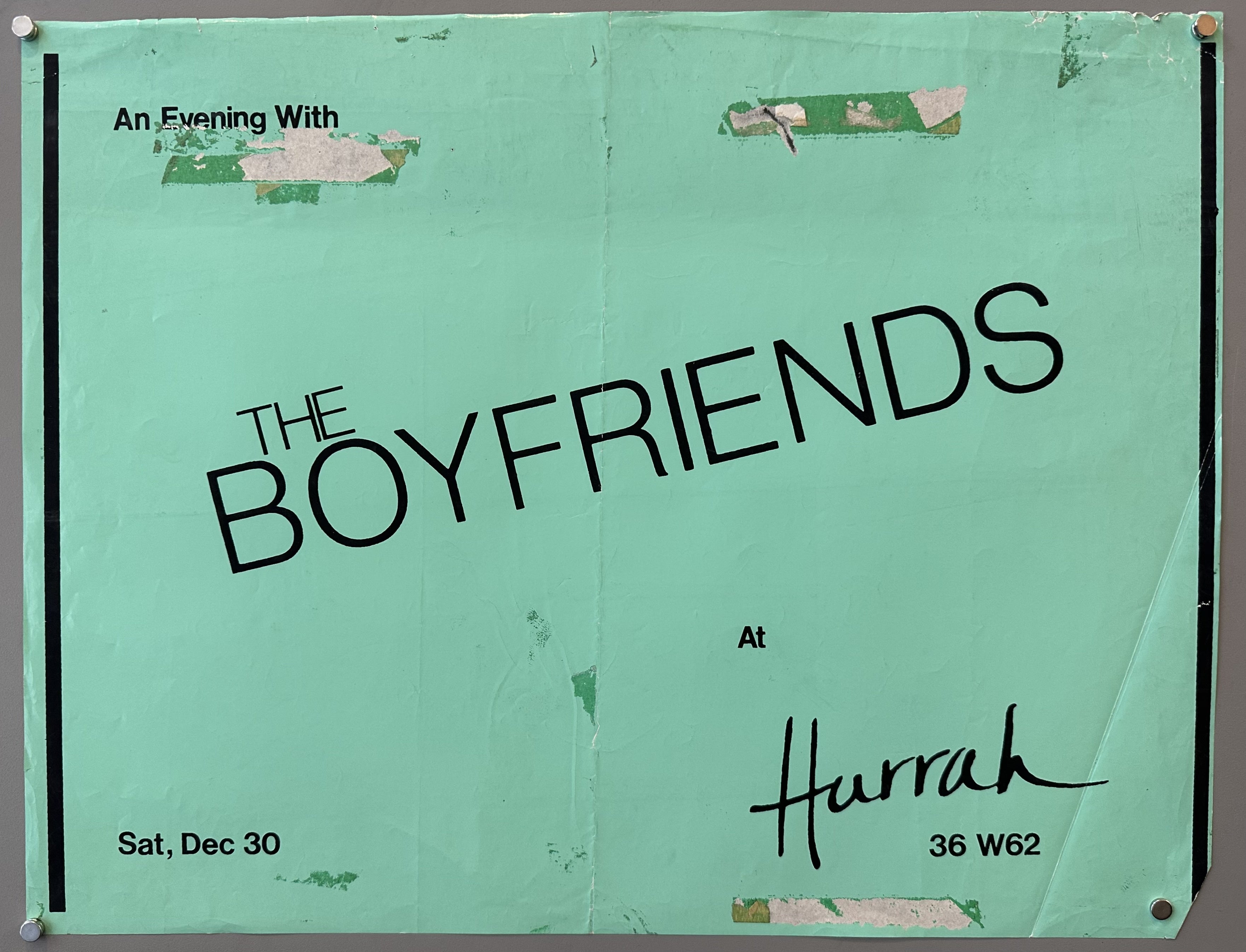 Tiffany blue colored poster with simple black text to promote a performance at Hurrah nightclub in NYC.
