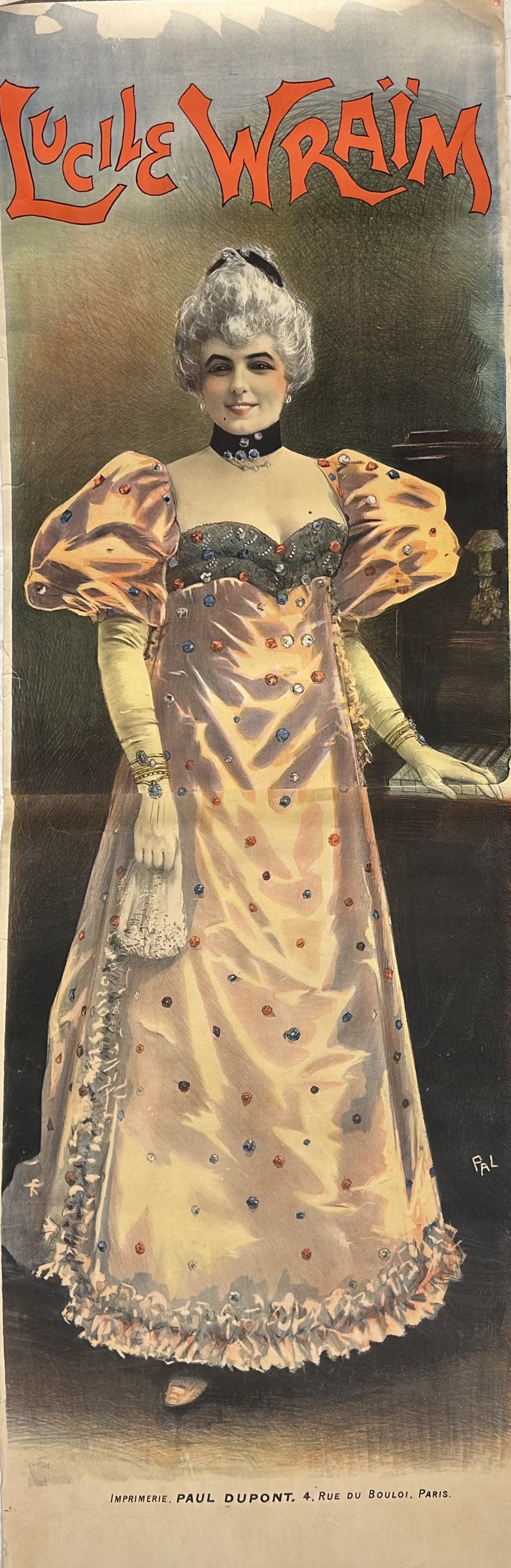 A vintage poster featuring a woman in a polka dot dress, standing beside a piano. The poster is signed "PAL," the signature of artist Jean de Paleologue.