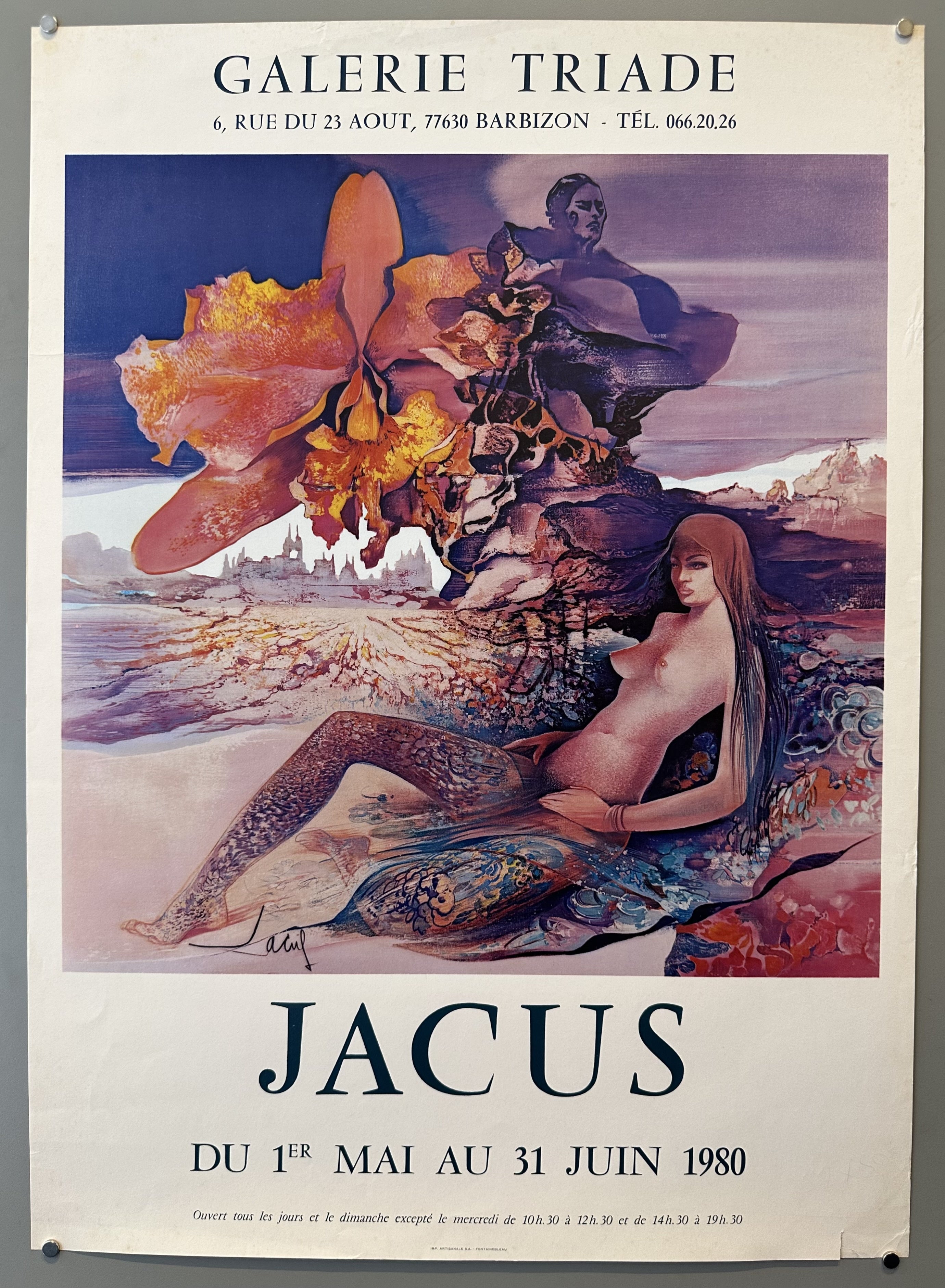 This poster advertises an exhibition by an artist named Jacus at the Galerie Triade in Barbizon, France.