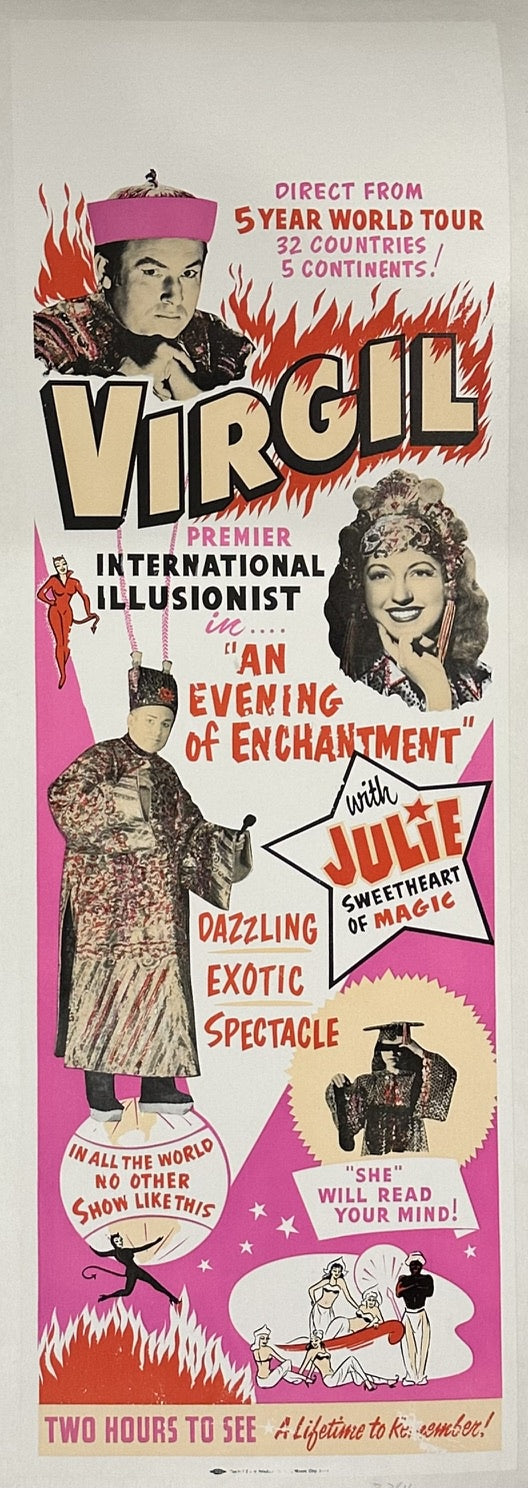 The poster advertises the magic show of Virgil (Virgil Mulkey), a premier international illusionist, and features his partner, Julie, described as the "Sweetheart of Magic"
