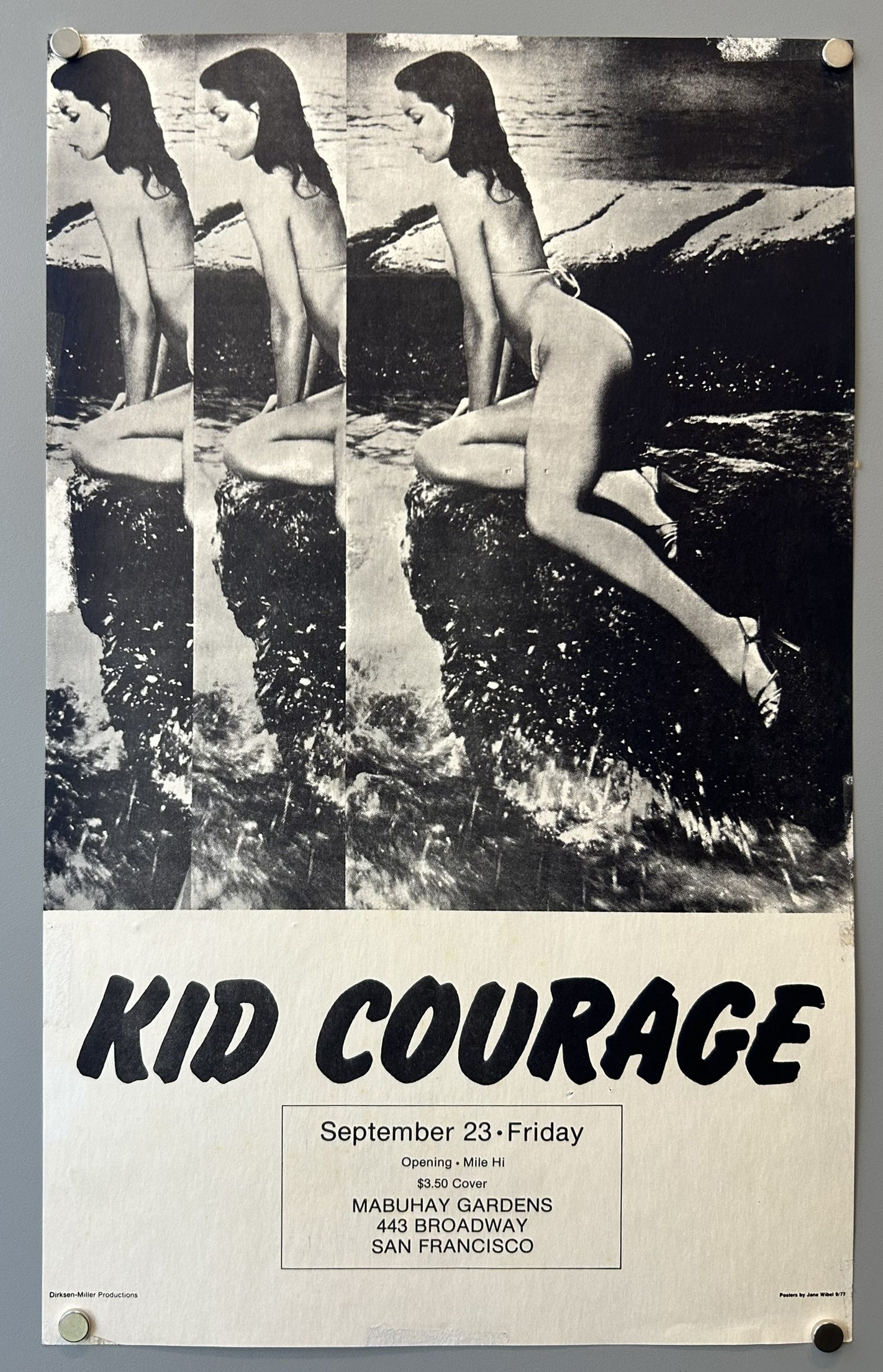 The poster advertises "Kid Courage" performing at "Mabuhay Gardens" in San Francisco on "September 23 - Friday."