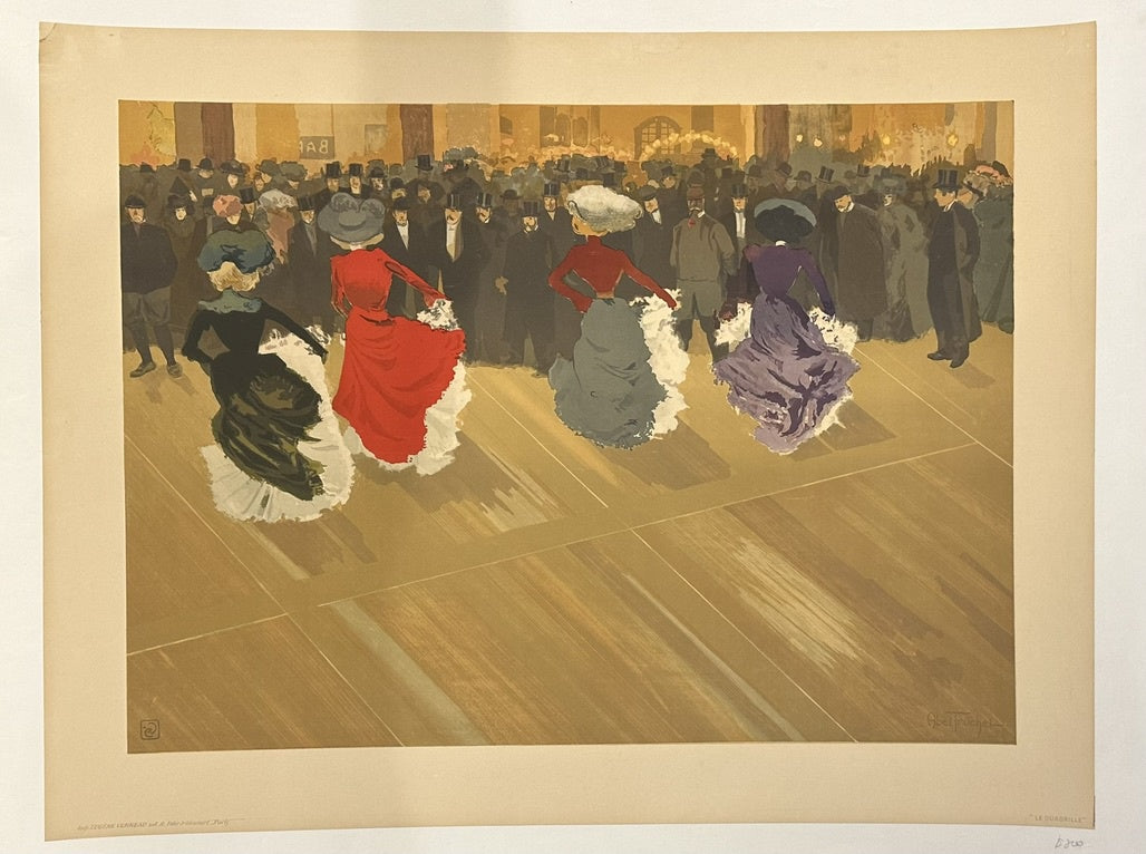 This artwork is a color lithograph from around 1900, showing an interesting perspective of the cancan dance from behind the dancers, emphasizing the movement and energy of the performance through the swirling white petticoats