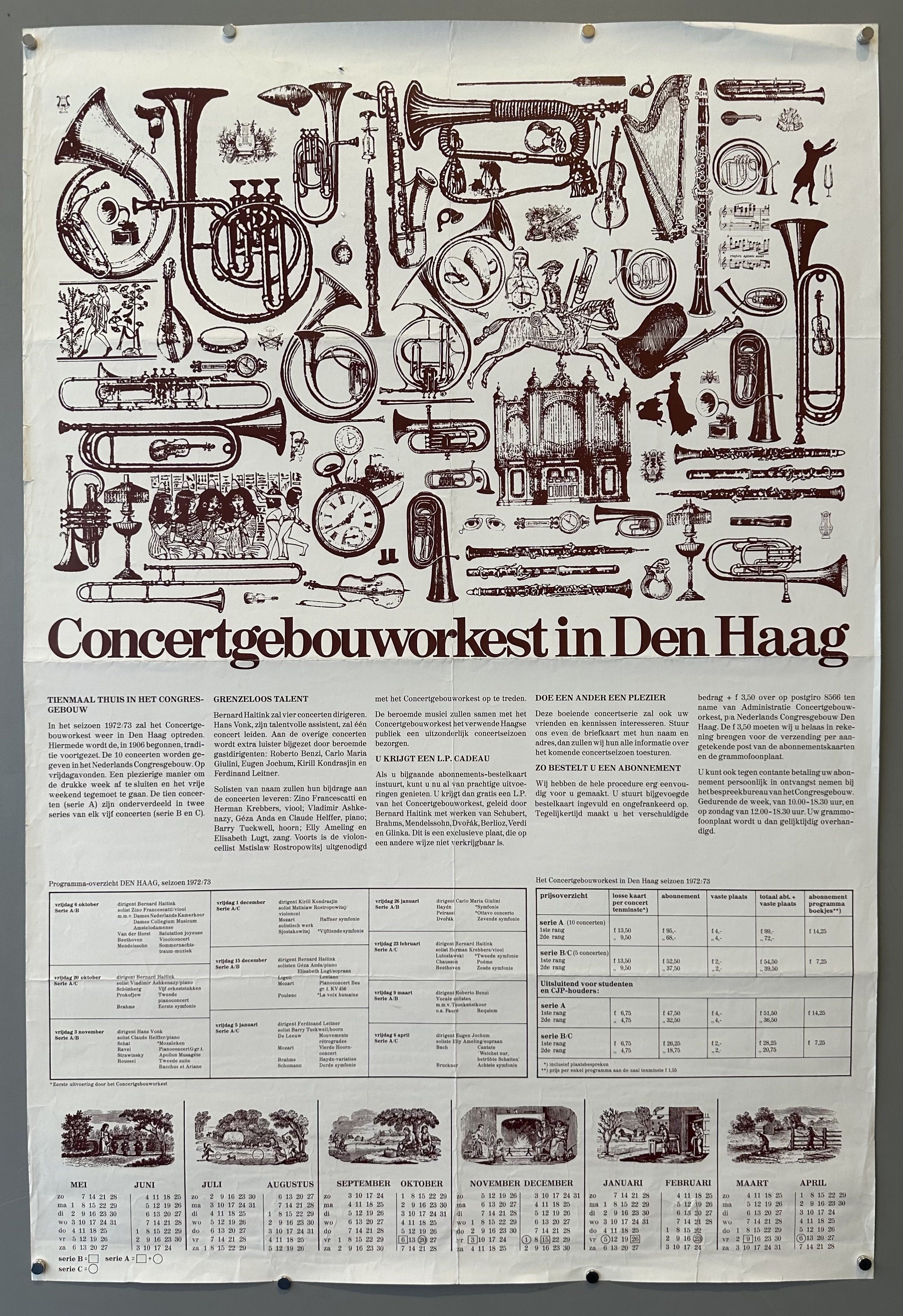 Small vignettes of instruments and other objects related to the Dutch orchestra to promote its 1972/73 season.