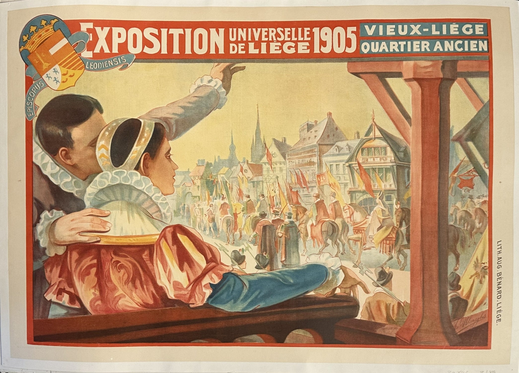 This poster was created in 1905 as a lithograph. It depicts a scene related to the "Vieux-Liège Quartier ancien" (Old Liège Old Quarter) section of the Liège International Exposition of 1905.