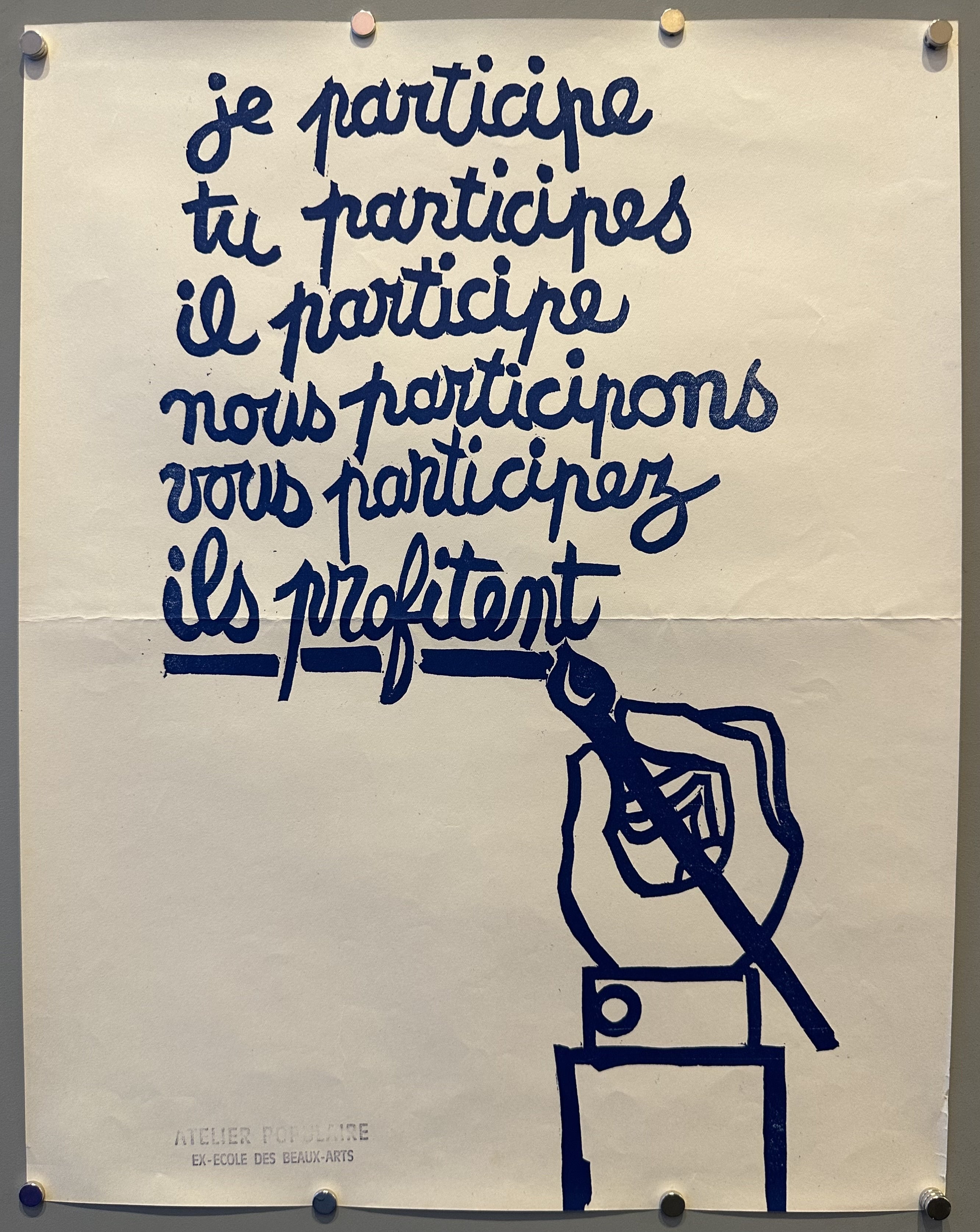 The different verb tenses of 'to vote' are written out like a schoolchild would in this French protest poster.