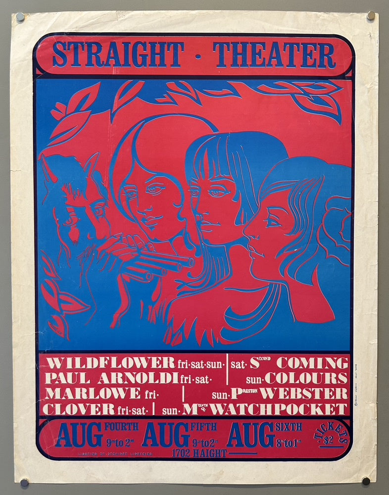 A psychedelic concert poster from the Straight Theater, featuring stylized illustrations of faces and flowing hair in red and blue.