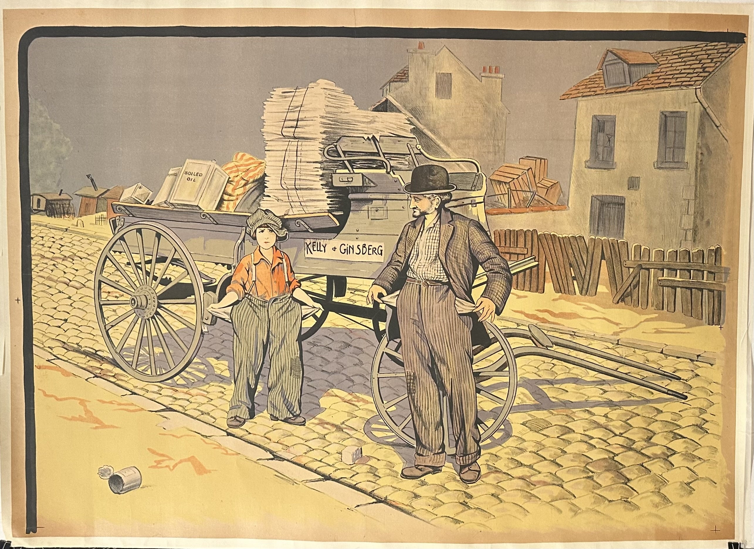 A boy and a man turn their pockets inside out while standing in front of a wagon with wares on it.