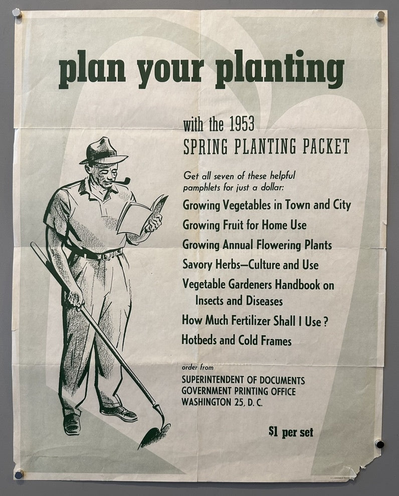 A vintage poster titled "plan your planting" advertising the "1953 SPRING PLANTING PACKET." The poster features an illustration of a man in a hat, smoking a pipe, holding a hoe, and reading a book.