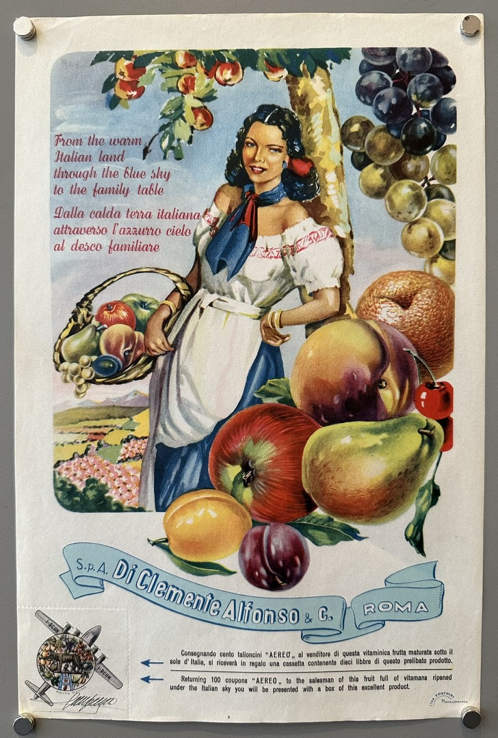 An illustration of a woman in a traditional Italian dress, holding a basket of fruit, surrounded by various fruits like apples, peaches, grapes, and pears. Text on the image reads: "From the warm Italian land through the blue sky to the family table."