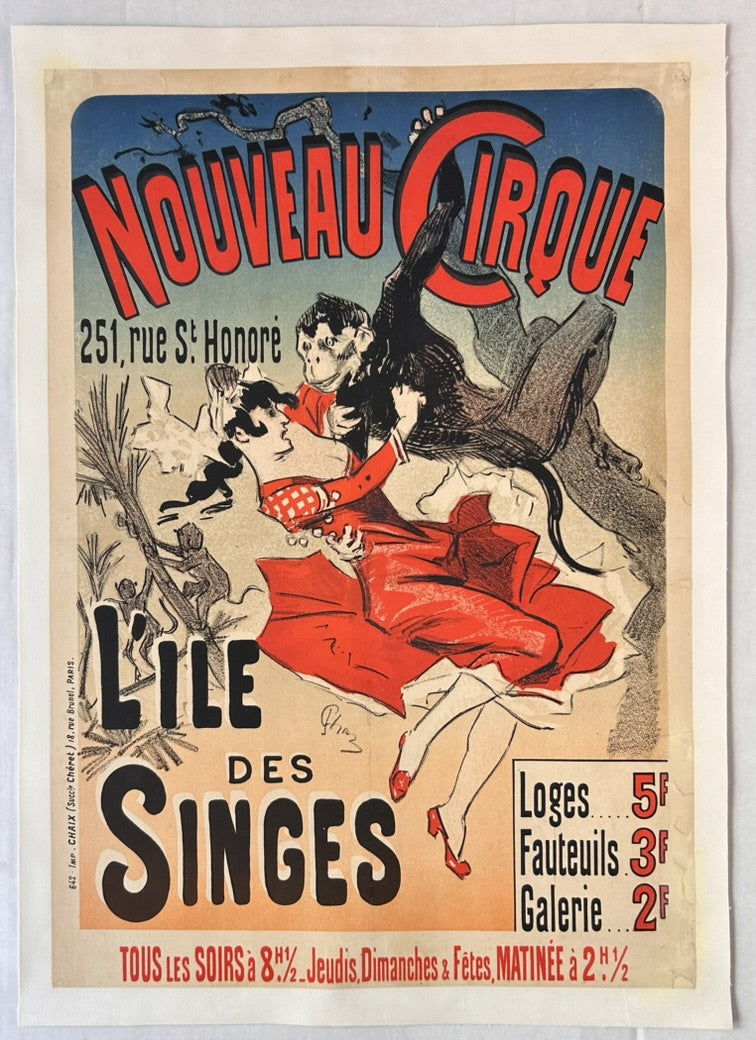 this poster is an advertisement for the Nouveau Cirque, specifically for a show titled "L'Ile des Singes" (The Island of Monkeys).