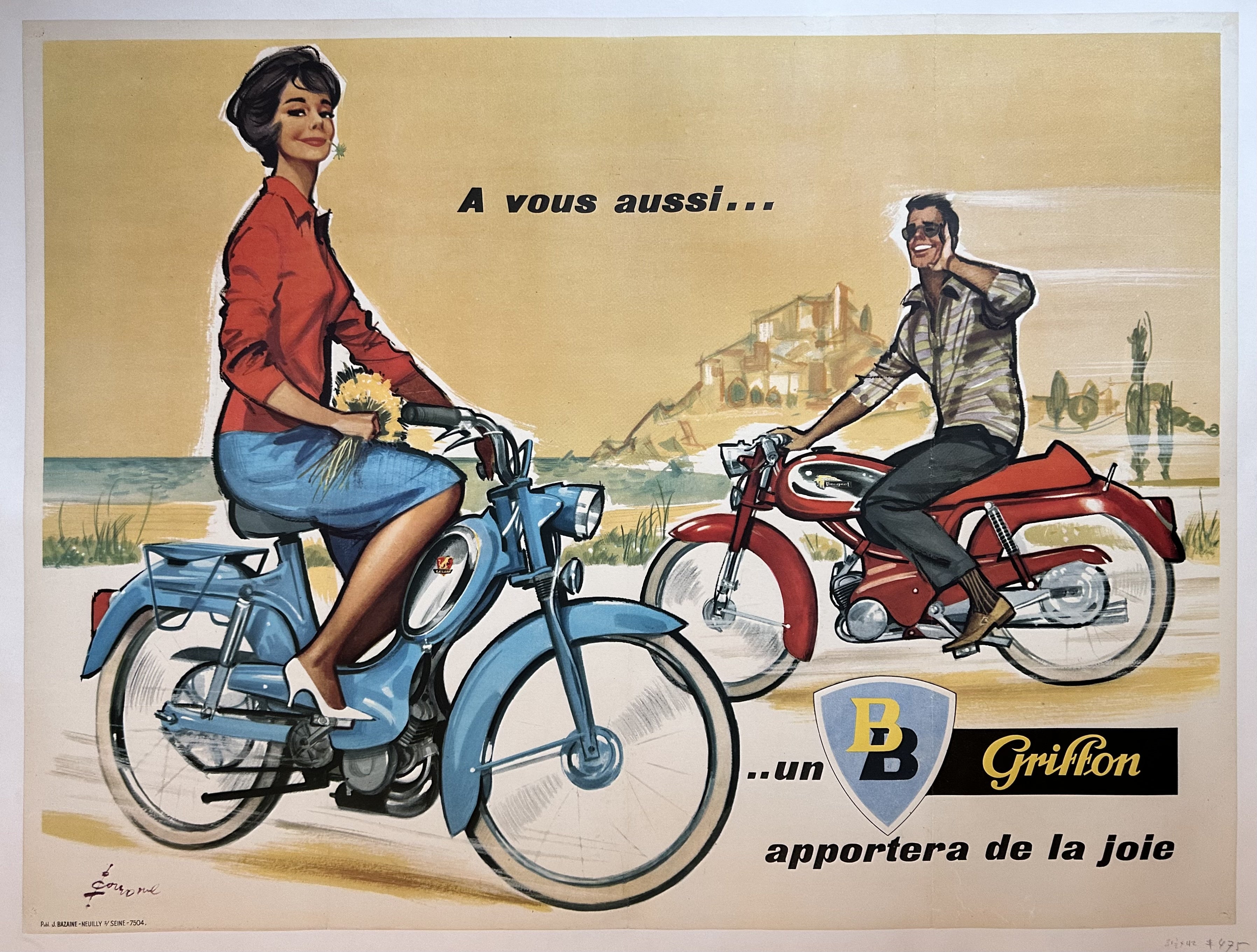 Two people are smiling and mounted on motor bikes. a woman is on the blue one holding flowers and the man is on a red motor bike wearing sunglasses. Featured is the French text "A vous aussi... un Griffon apportera de la joie" (To you too... a Griffin will bring joy).