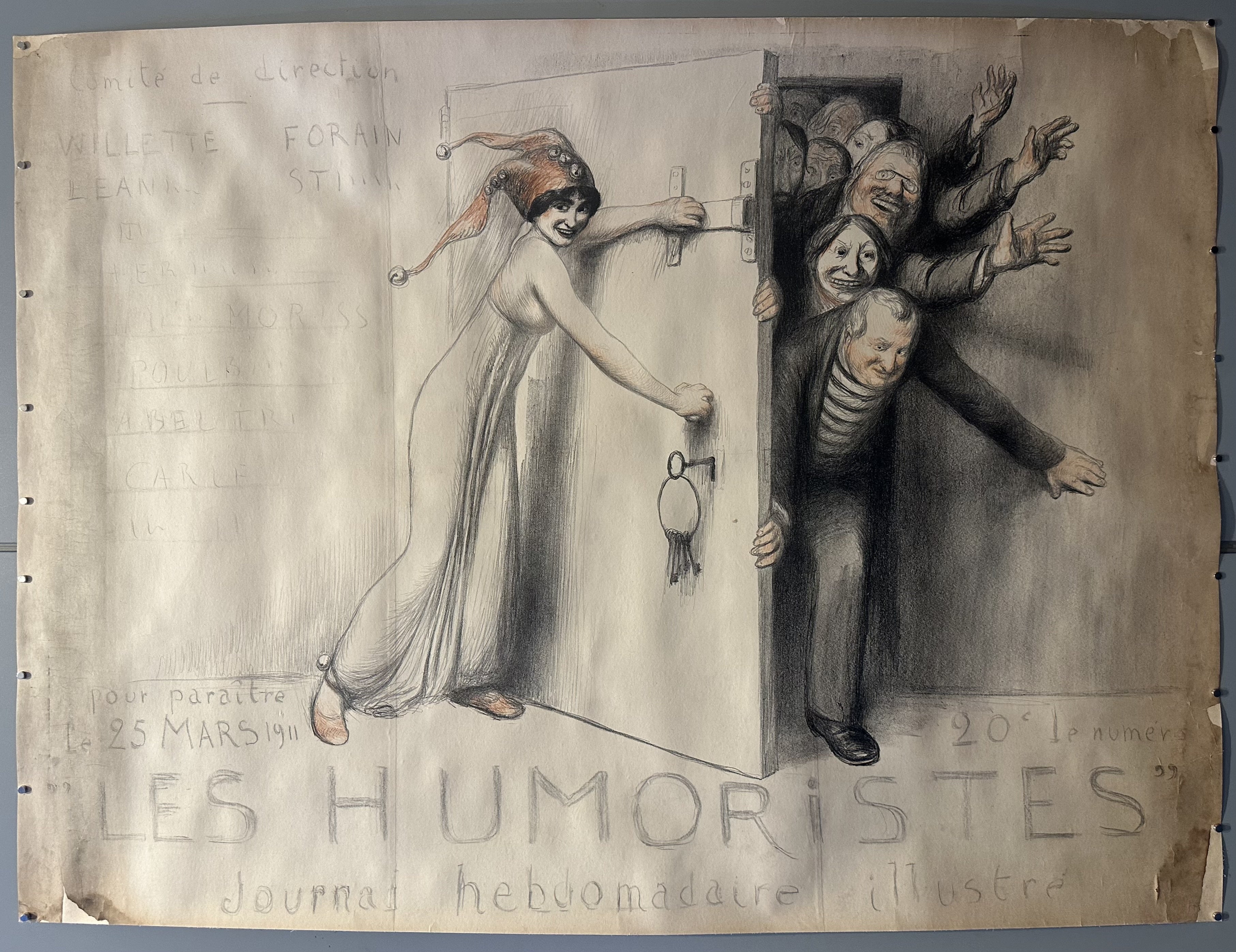 A woman dressed as a jester holds a door half-shut as several prisoners attempt to sneak out with 'Les Humoristes' written in pencil below them.