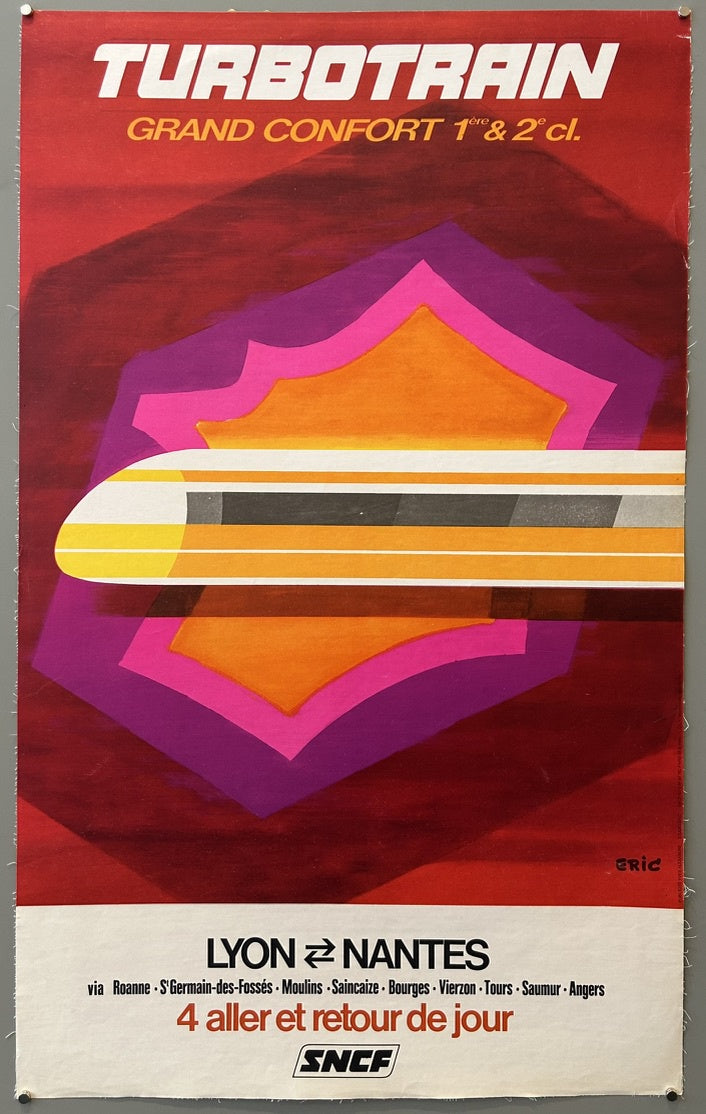 This is a vintage French railway poster advertising the SNCF (Société Nationale des Chemins de fer Français) Turbotrain service.