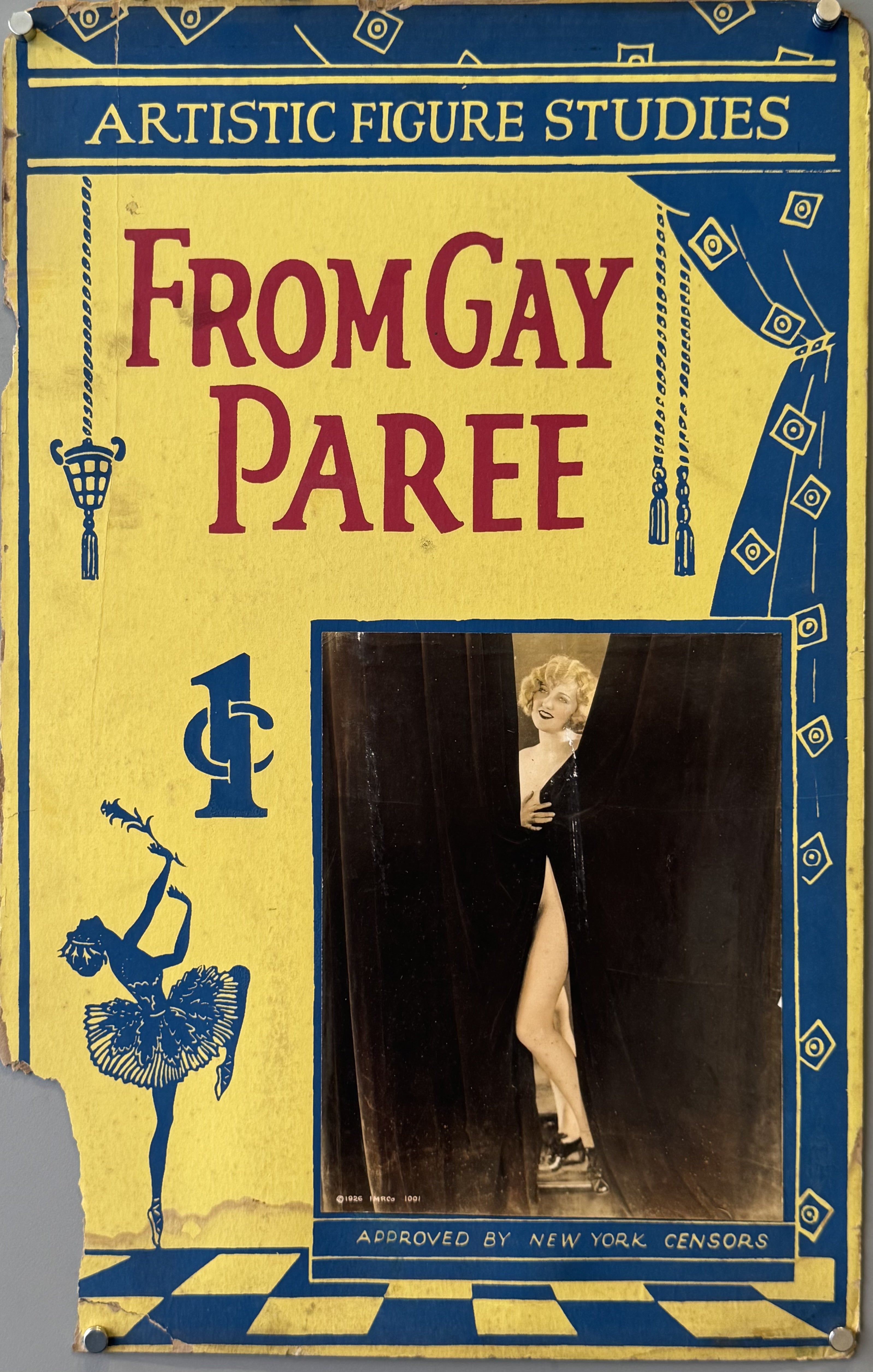 It features a woman in a revealing pose peeking from behind a curtain, alongside an illustration of a ballet dancer and a trophy symbol.
