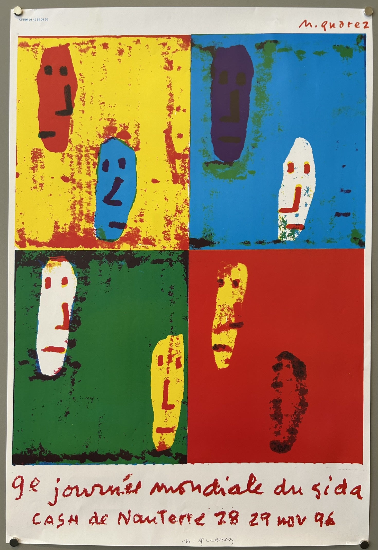 The poster features a grid of four squares, each with a different background color (yellow, blue, green, red) and containing stylized, abstract faces in contrasting colors.