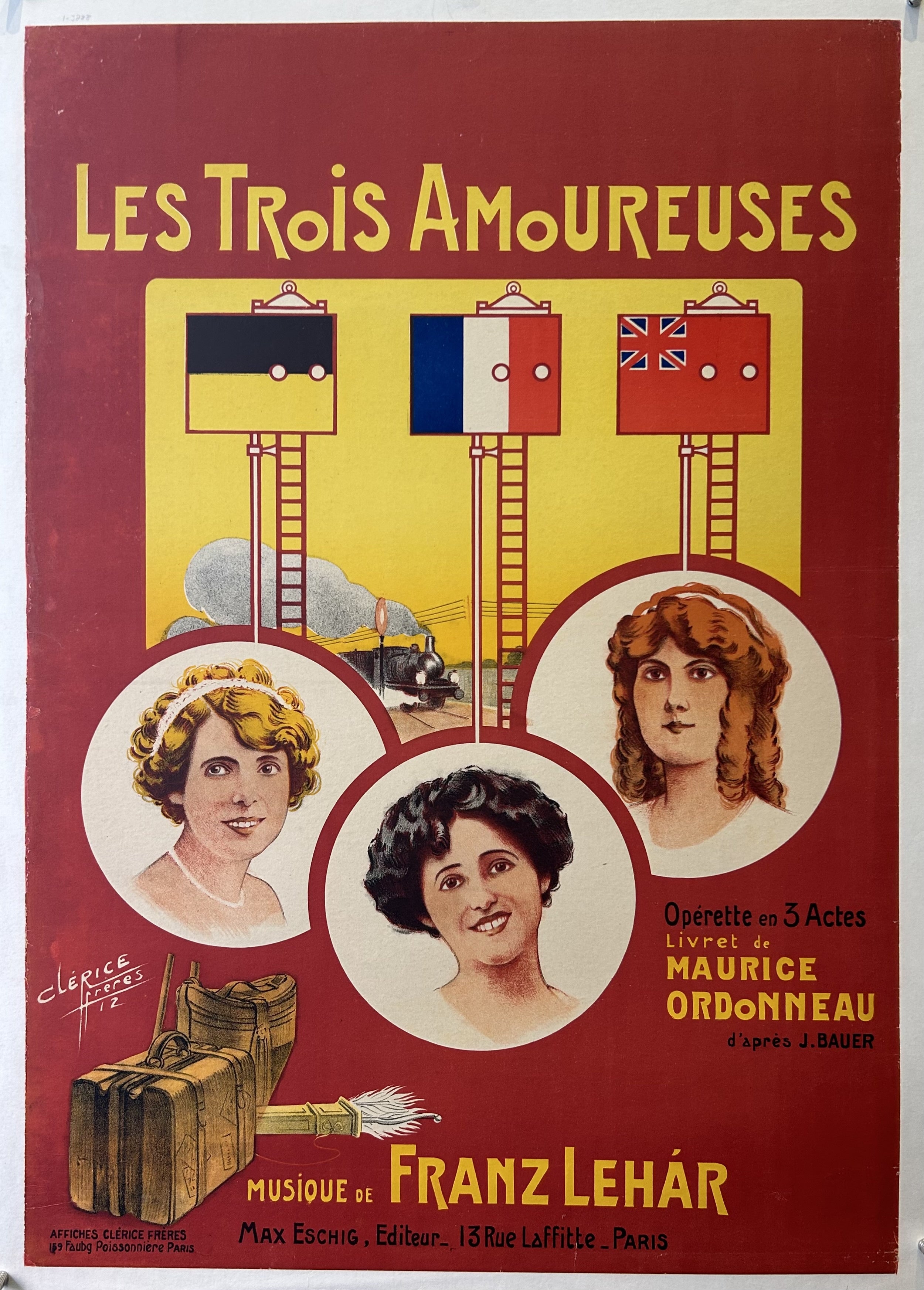 Vintage poster for 'Les Trois Amoureuses' with three women's portraits and international flags.