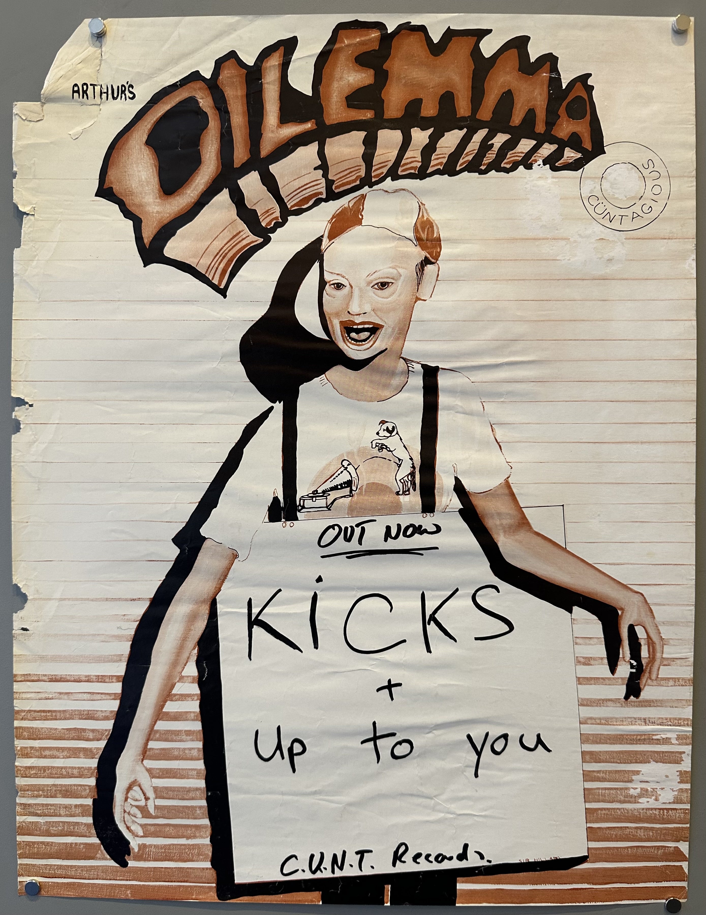 Illustration of a member of the band wearing a sign to promote their new singles out against white and dark red striped background.