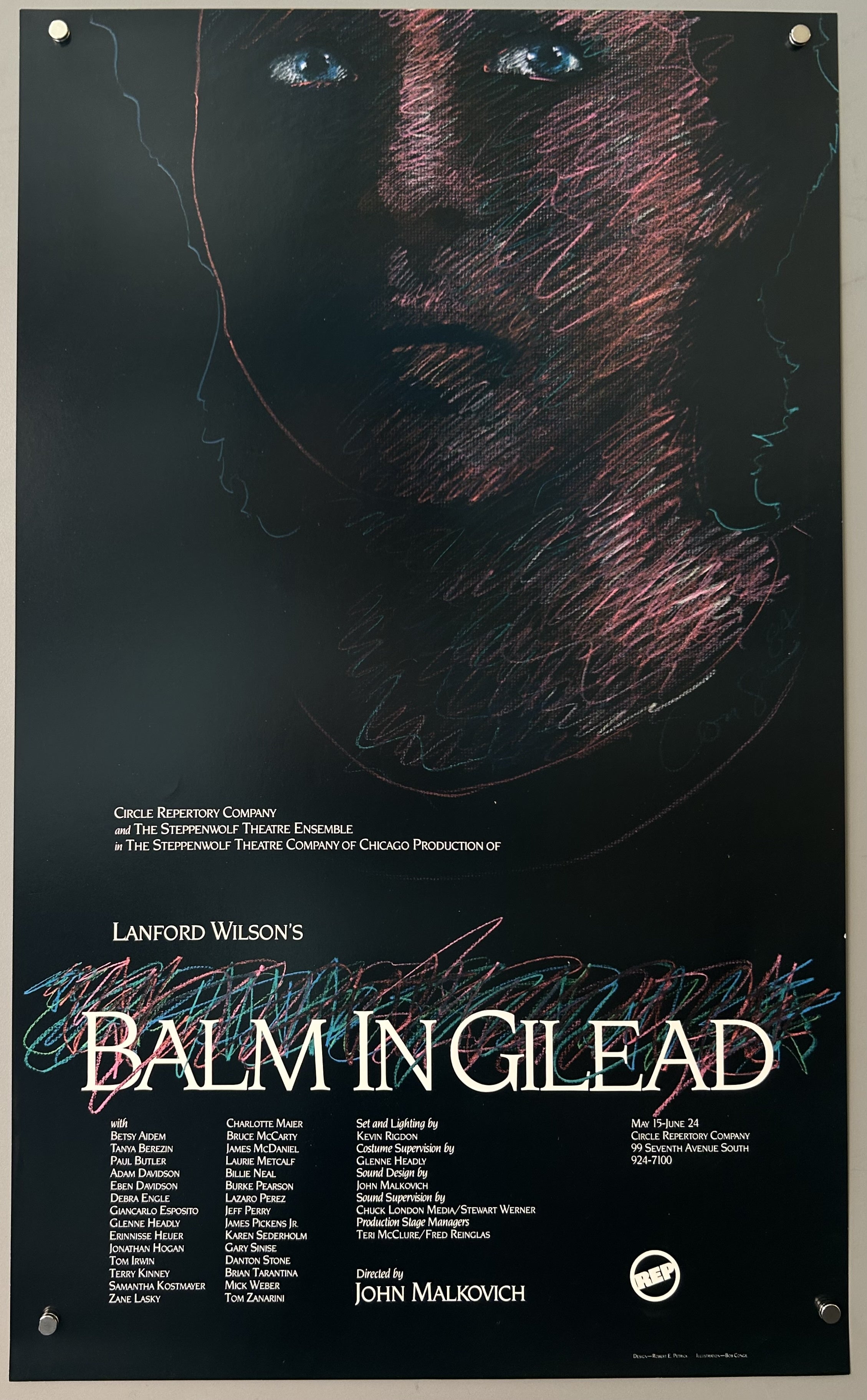 Black poster with pink and blue sketch of a girl's face; white text below with actors' names.