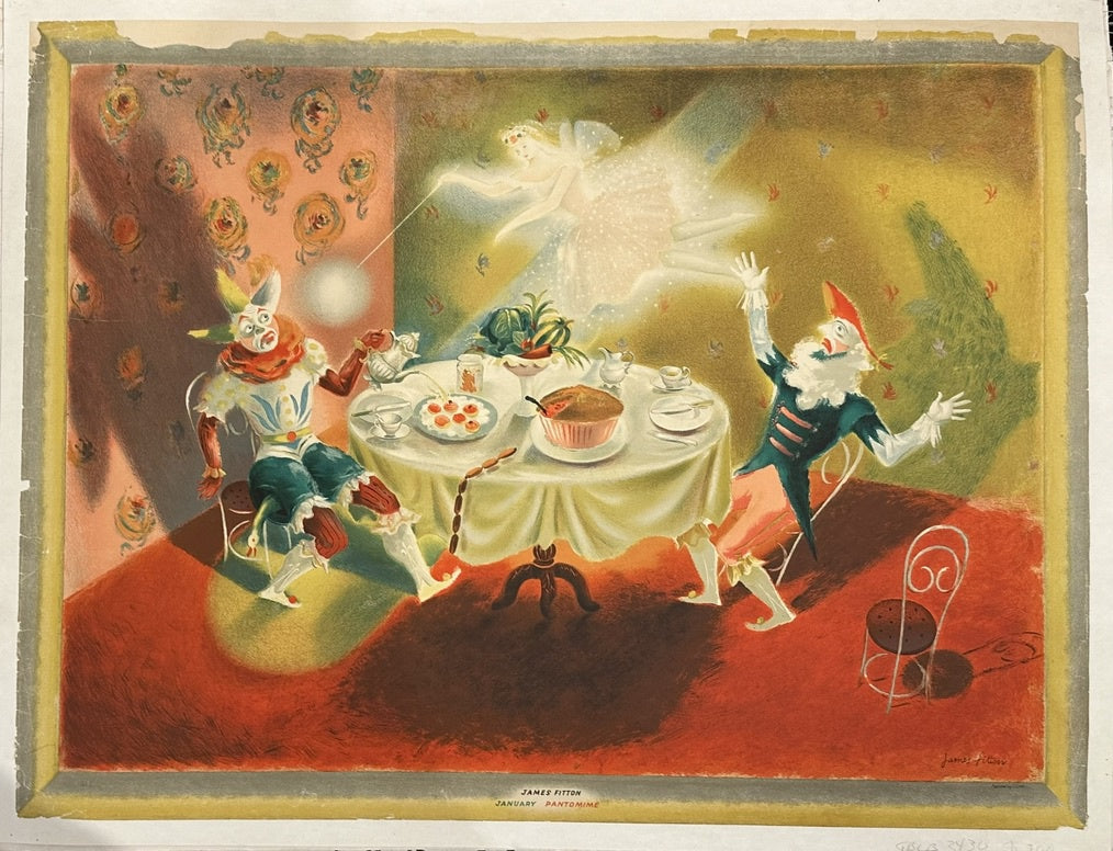 This lithograph was published by the Council for the Encouragement of Music and the Arts (C.E.M.A.), which later became the Arts Council. It was part of a series of prints commissioned in 1944. James Fitton (1899-1982) was an English painter, lithographer, and theatre set designer, and a founder member of the Artists' International Association.