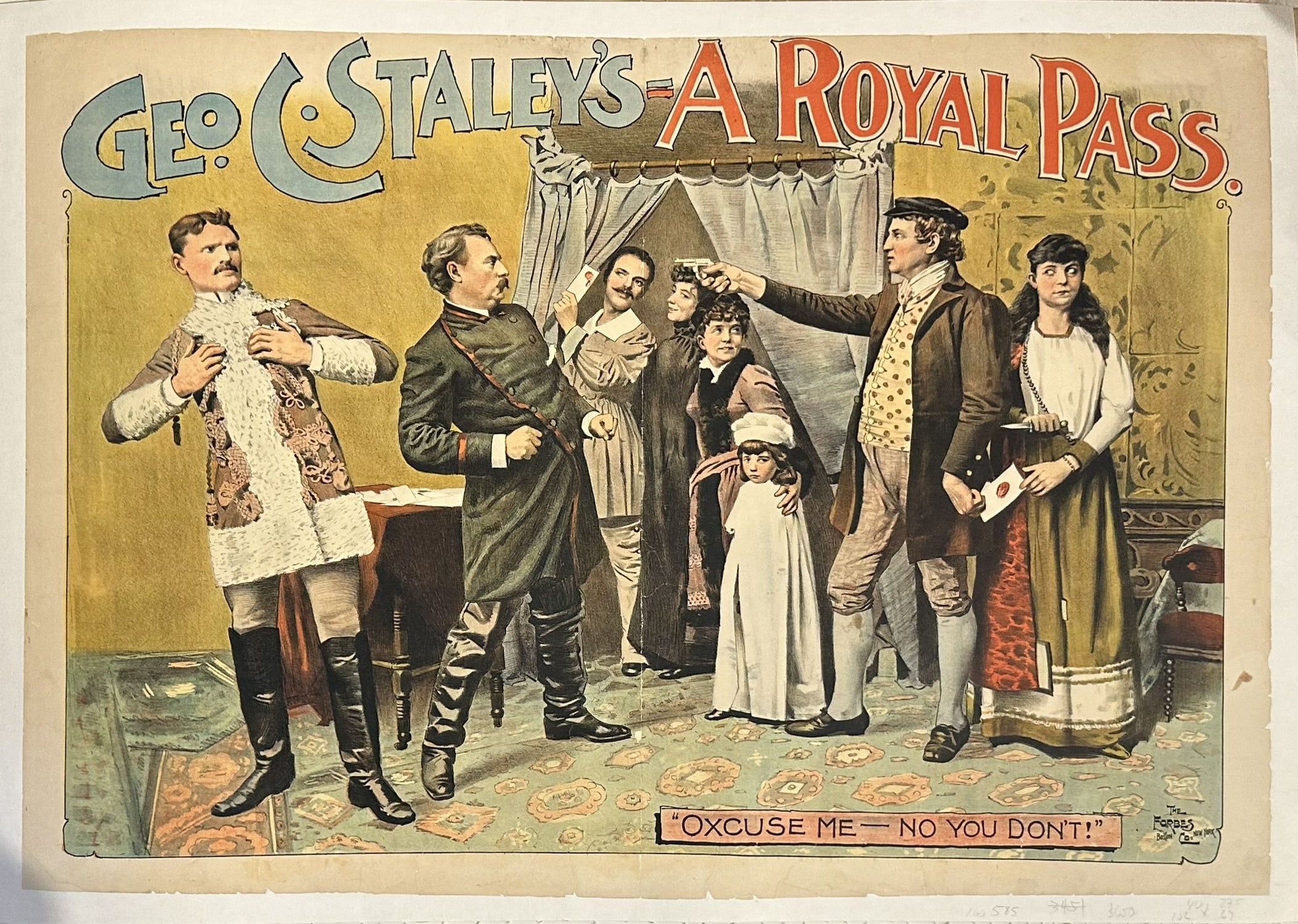 The poster depicts a dramatic scene with several characters in period attire, suggesting a historical or dramatic play. A central figure in a long coat points a pistol at another man in military-style uniform, while a woman and a child stand nearby