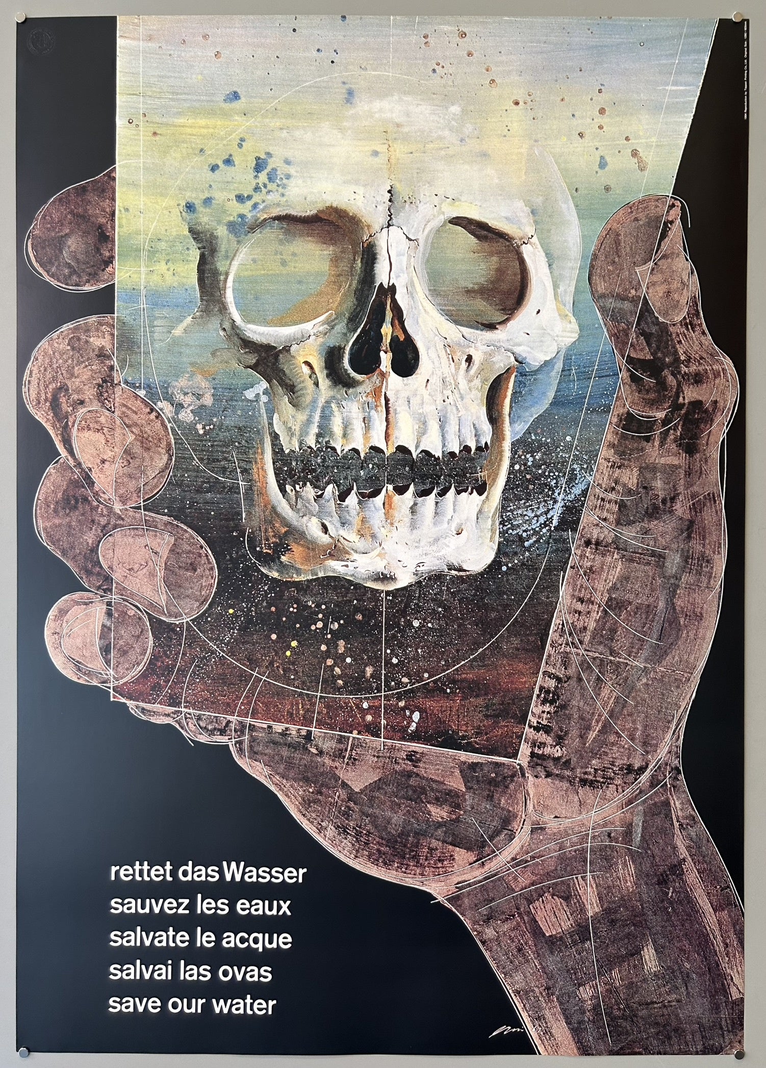 The poster is titled "Rettet das Wasser" (Save Our Water) and was created by Swiss artist Hans Erni in 1961 for the Association for the Preservation of Water.