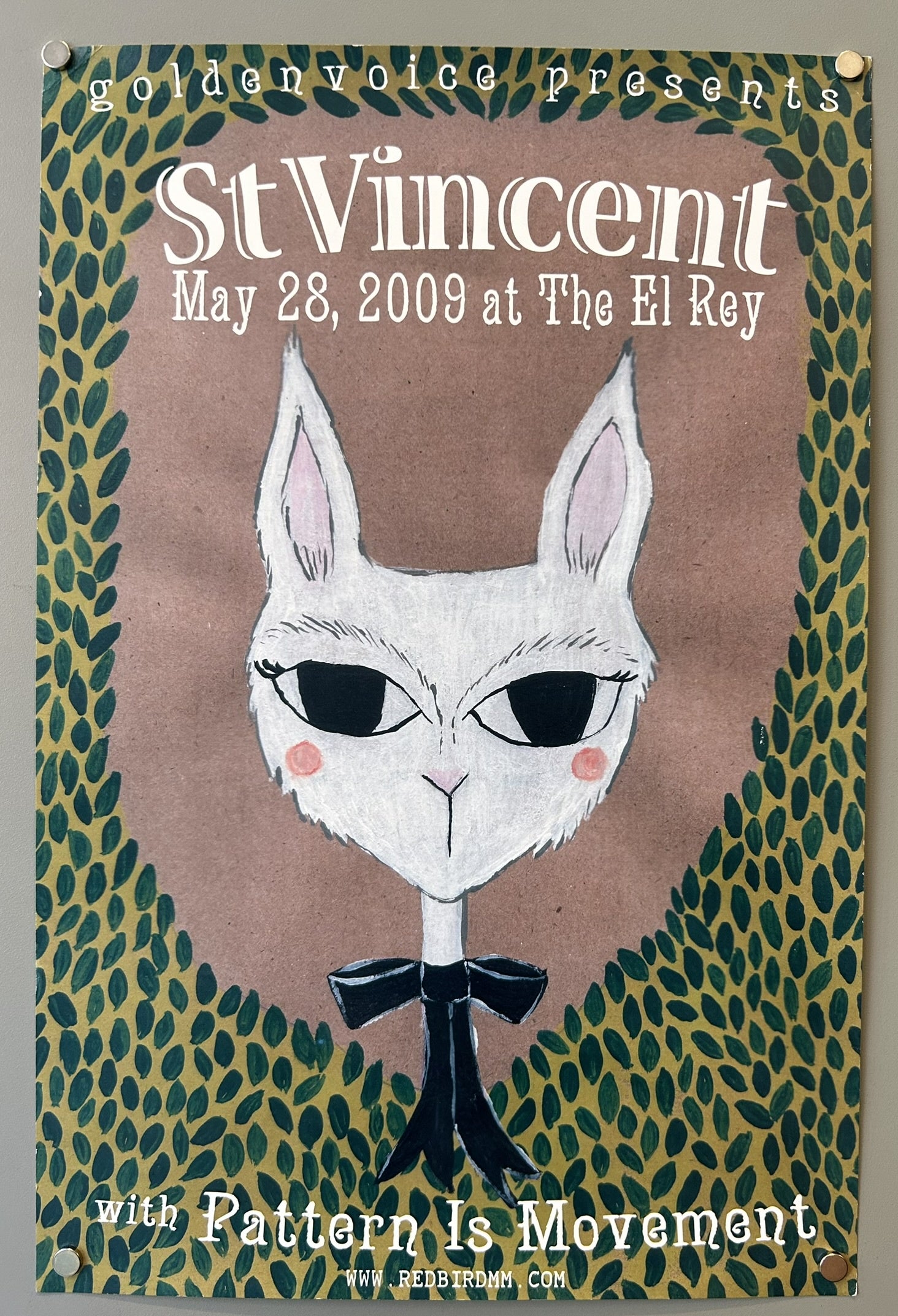 This poster is an original concert poster for a St. Vincent show, presented by Goldenvoice, featuring Pattern Is Movement as the opening act.