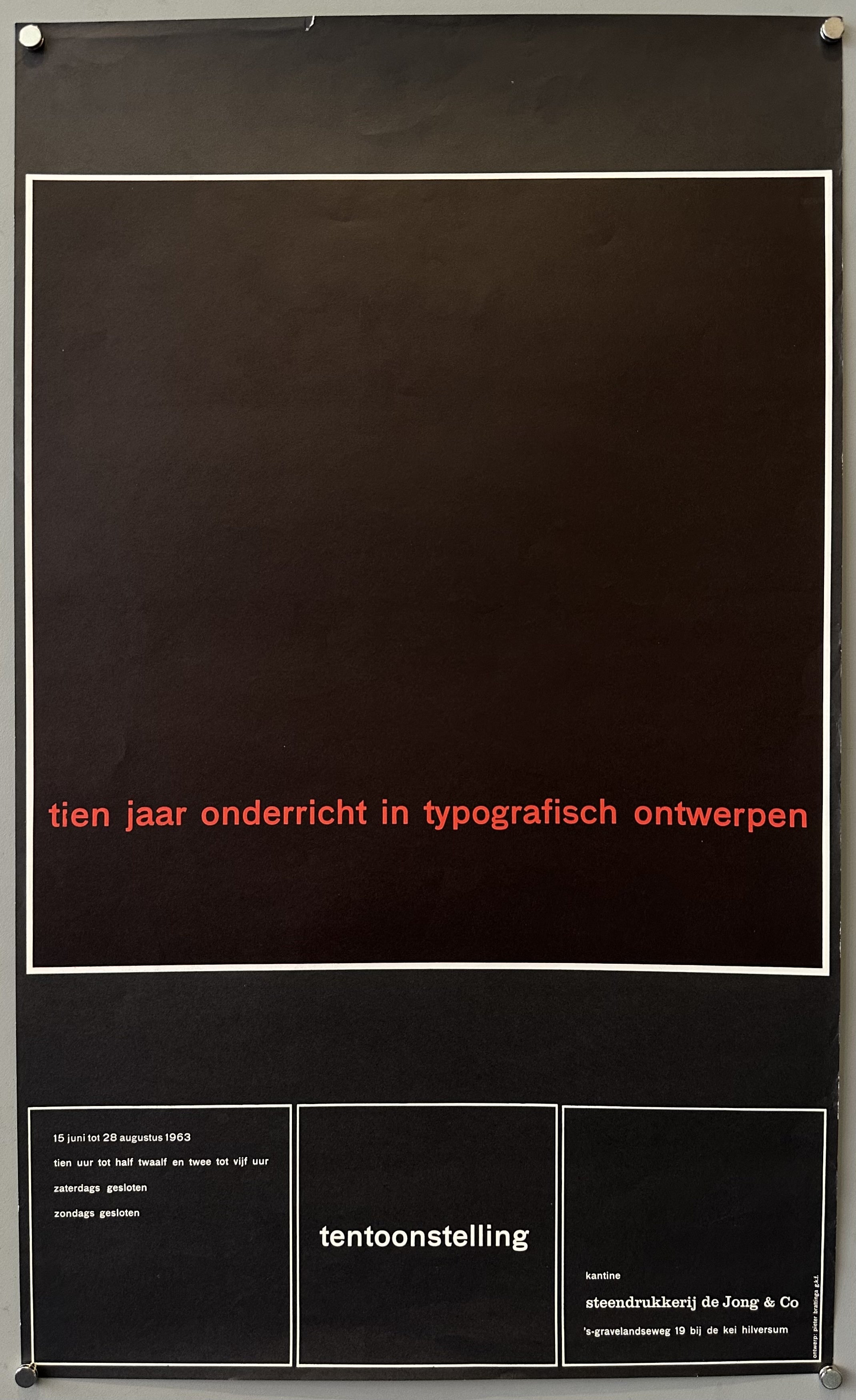 Black poster with white square accents and red text to promote typography exhibition in Netherlands.