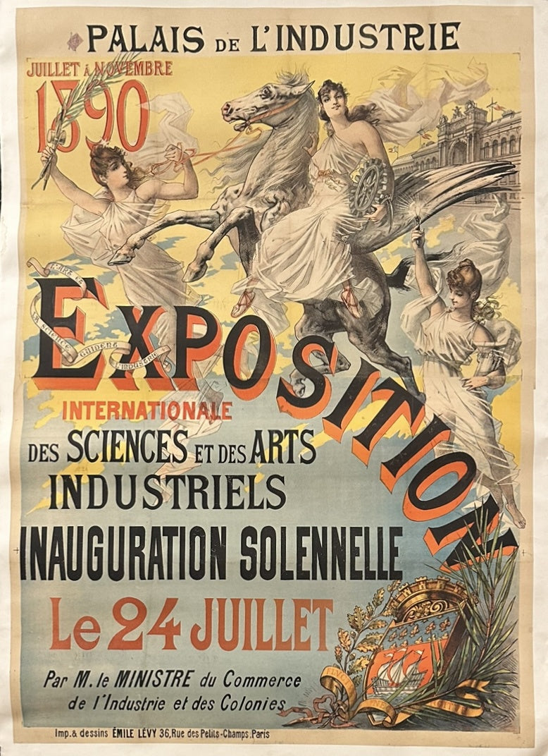 Art nouveau style poster with women riding horses and the Palace of Industry in the background.