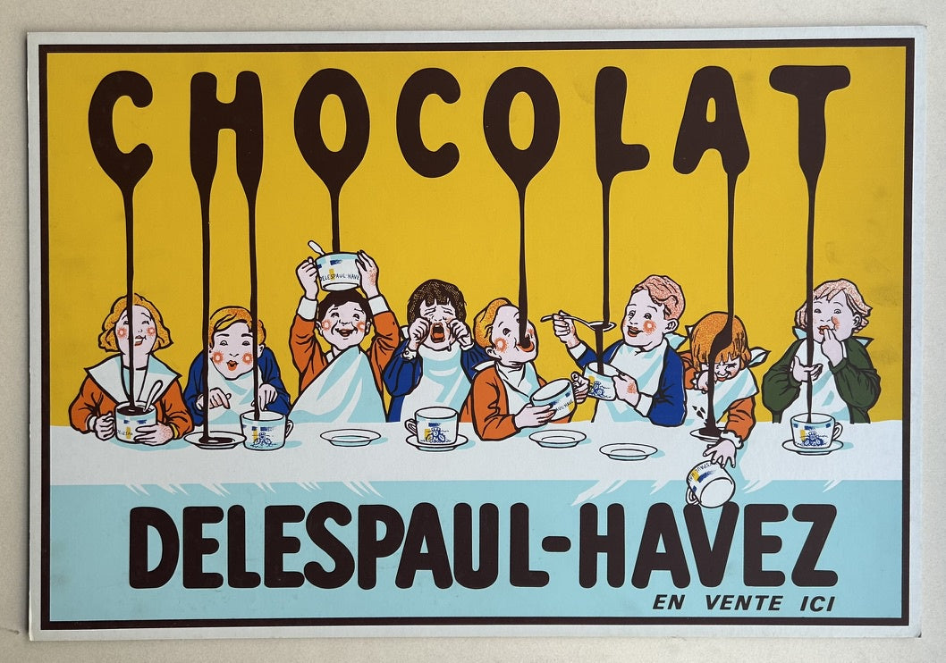A vintage advertisement poster for Chocolat Delespaul-Havez, featuring eight children sitting at a long table with bowls and spoons. The word "CHOCOLAT" is written in large, bold letters at the top, with brown drips extending down to the children's bowls, suggesting melting chocolate.