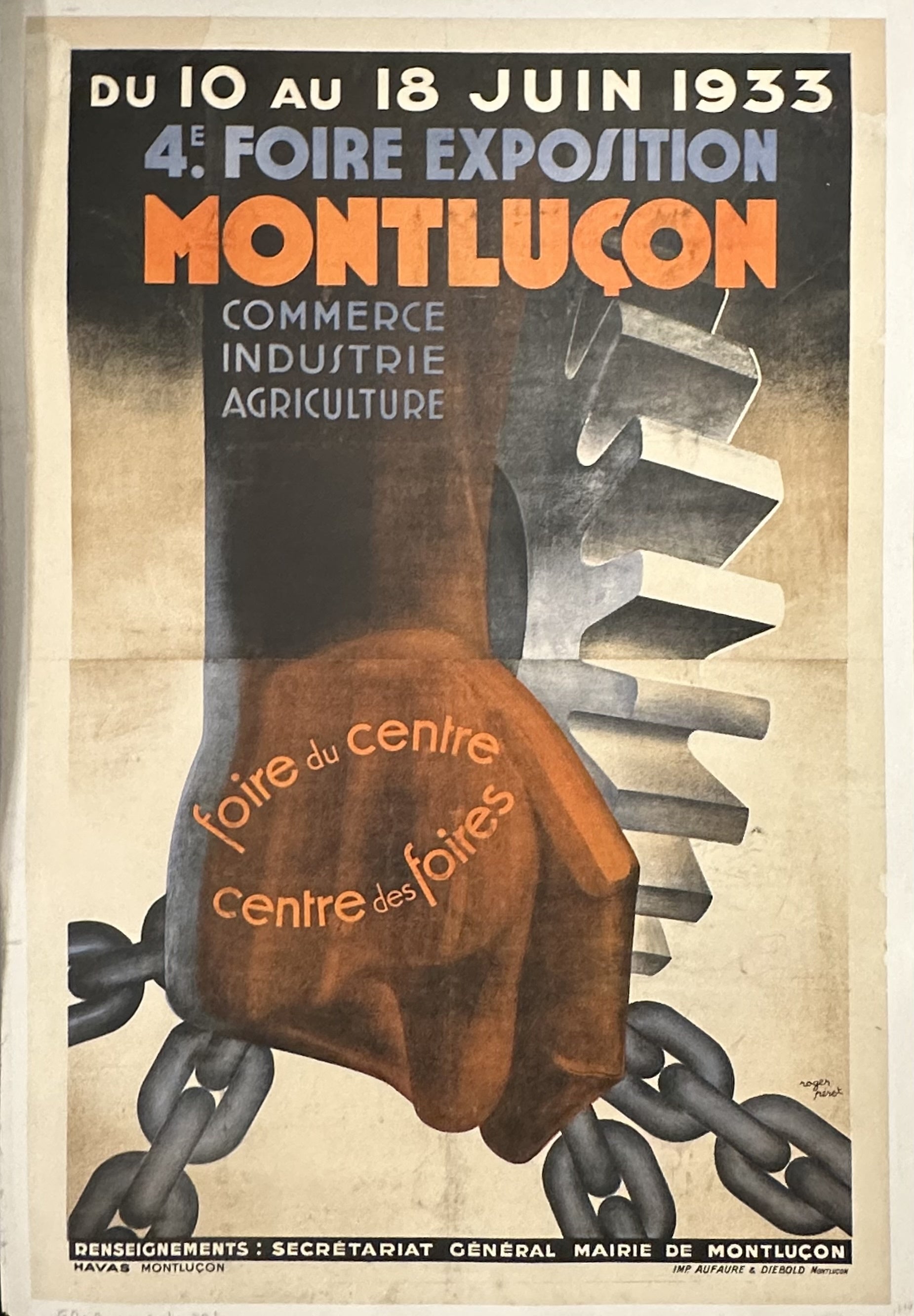 Illustrated hand gripping chains to promote industrial exhibition in France.