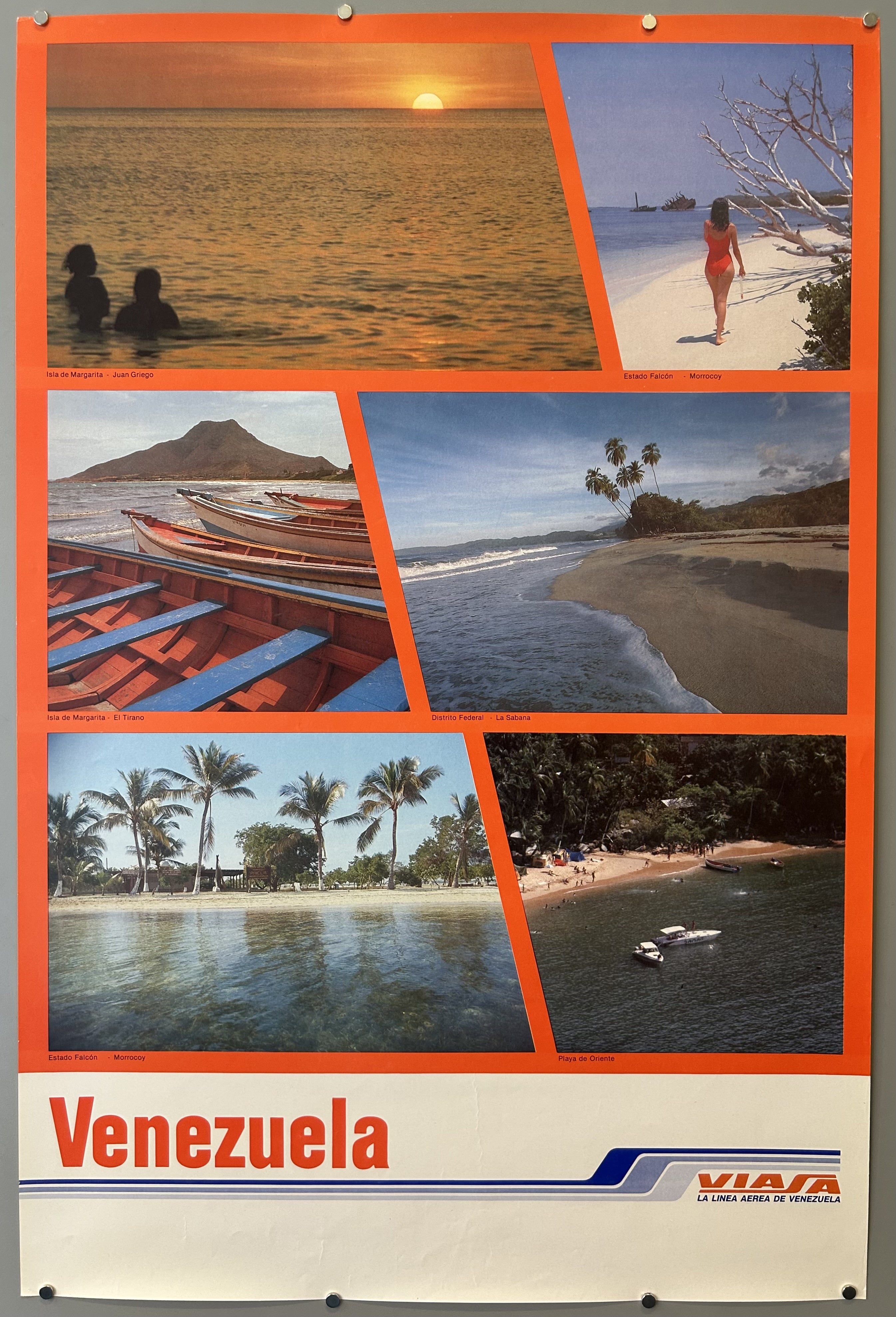 Six photographs of beaches in Venezuela are featured in vintage travel poster from VIASA with white border along bottom.