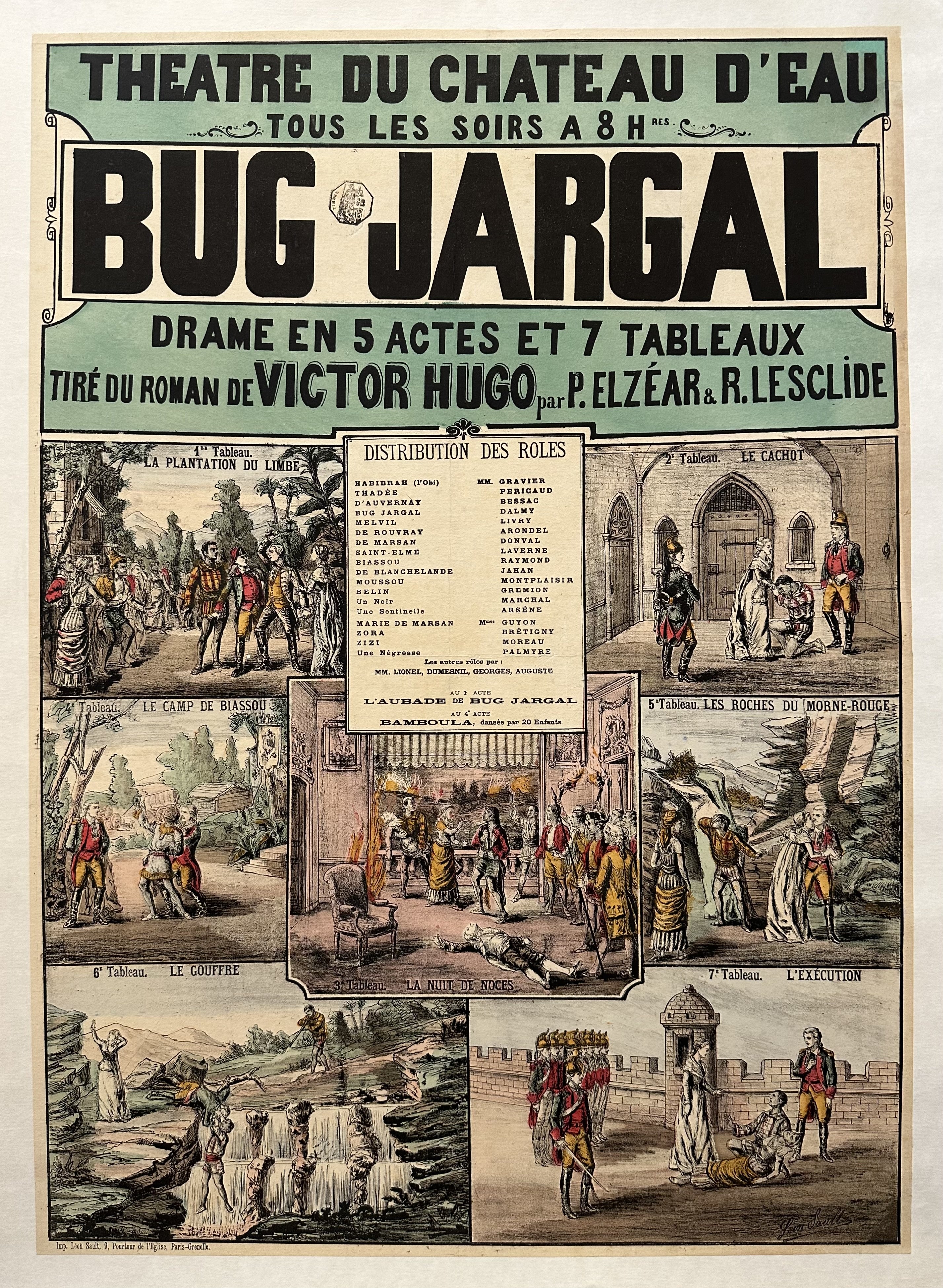 A vintage French poster for the play Bug Jargal, a drama in five acts and seven scenes based on Victor Hugo's novel.