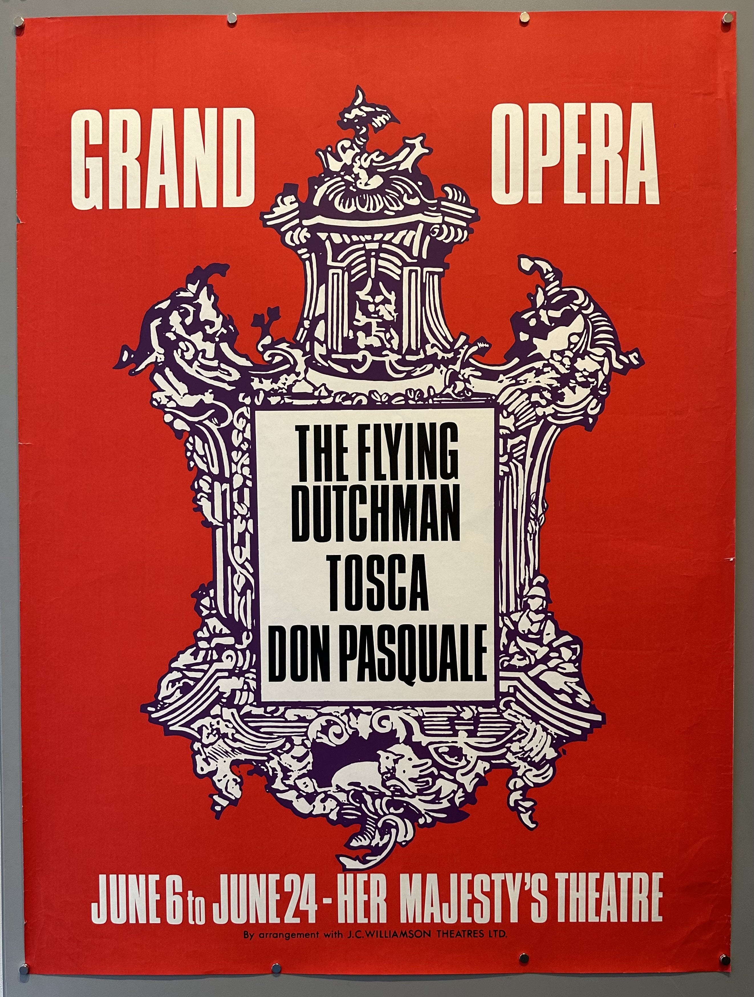 Red poster with white block text and crest of Her Majesty's Theatre in the center with the three shows printed inside of it.