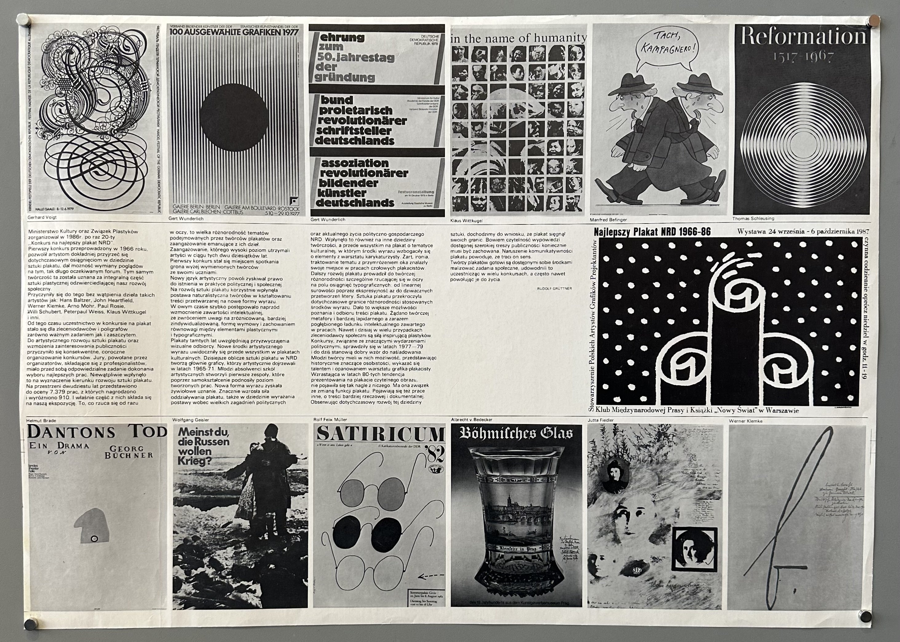 A grid-like display of various graphic design posters and layouts, predominantly in black, white, and grayscale, with some instances of red and other muted colors.