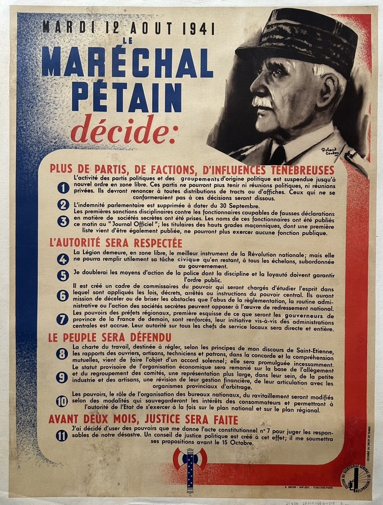 a propaganda poster from Vichy France, issued on August 12, 1941, featuring Marshal Philippe Pétain and outlining his decisions for the "National Revolution"