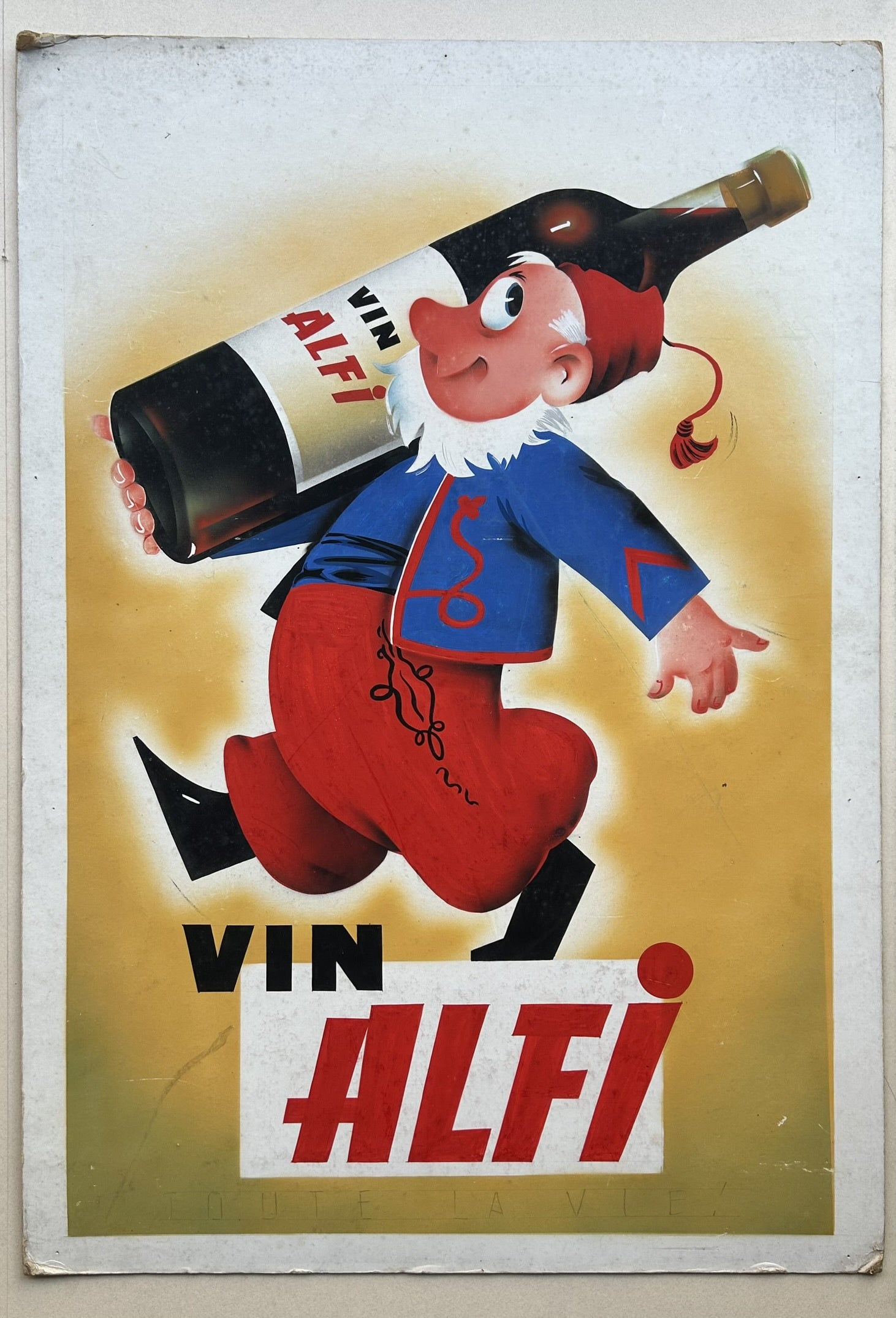 A vintage poster for Vin Alfi, featuring a cartoon character in a blue jacket and red pants carrying a large bottle of wine. The text "VIN ALFI" is prominently displayed, once on the bottle label and once at the bottom of the poster. The background is a simple, light color, emphasizing the character and text.