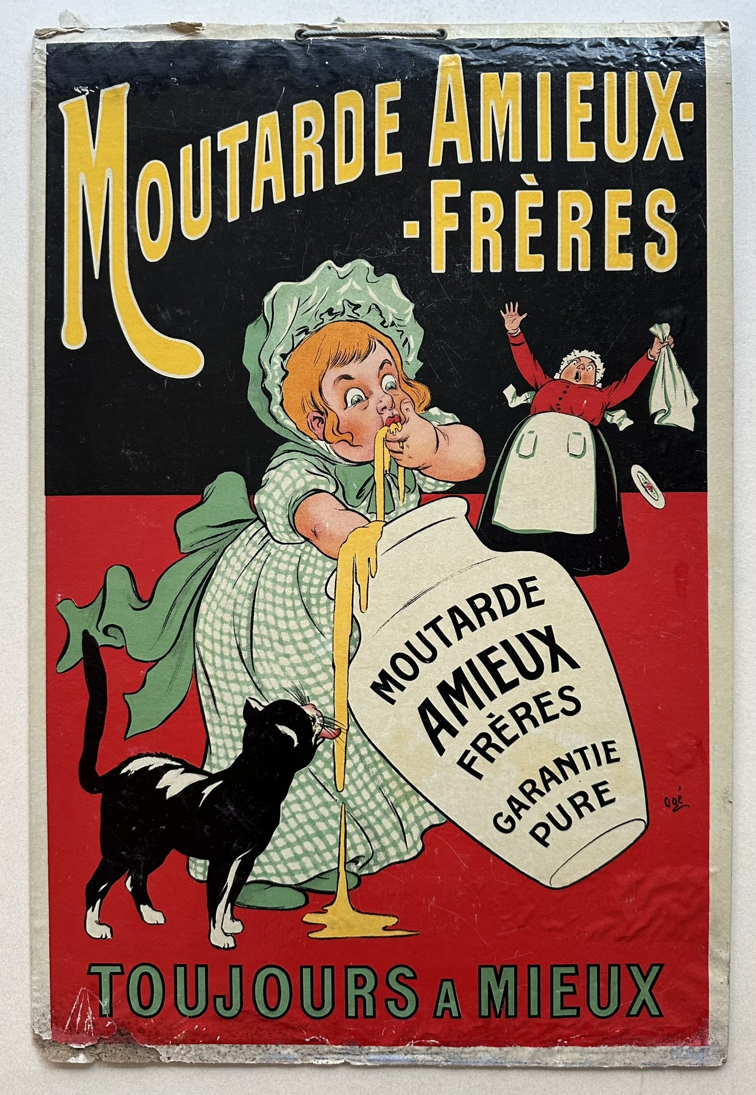 This image is a vintage French advertisement for Moutarde Amieux Frères mustard, created by Eugène Ogé in 1896. The poster features a child enthusiastically eating mustard from a jar, with a cat licking the spilled condiment and a woman in the background appearing shocked. The text on the poster emphasizes the brand name and the purity of the product. The phrase "Toujours à Mieux" translates to "Always Better," reflecting the brand's commitment to qualit