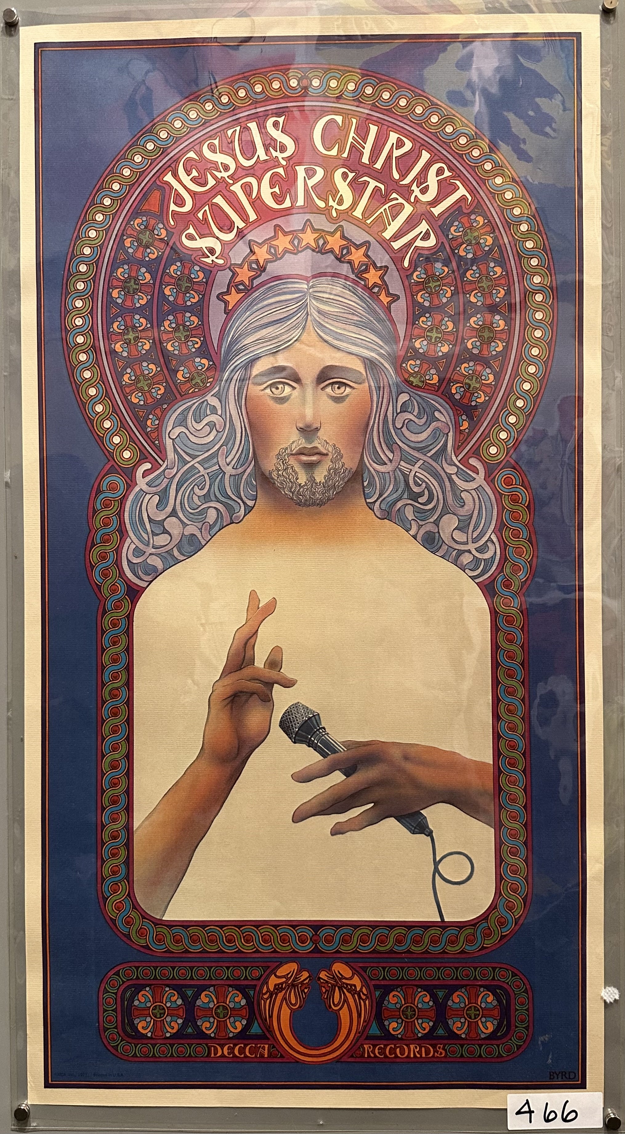 Jesus Christ Superstar record release poster by David Byrd, featuring Jesus with a microphone in psychedelic style.