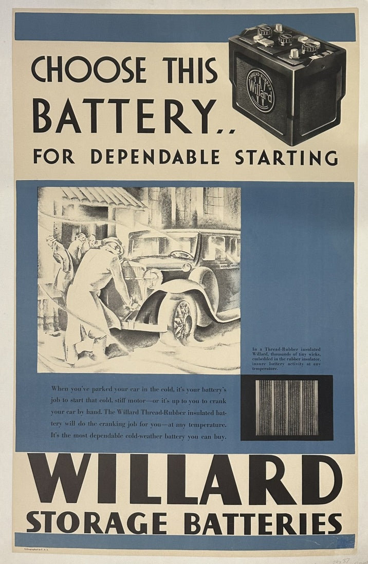This determination is based on a search result that identifies a similar, professionally framed print ad for Willard Batteries as being from 1942.