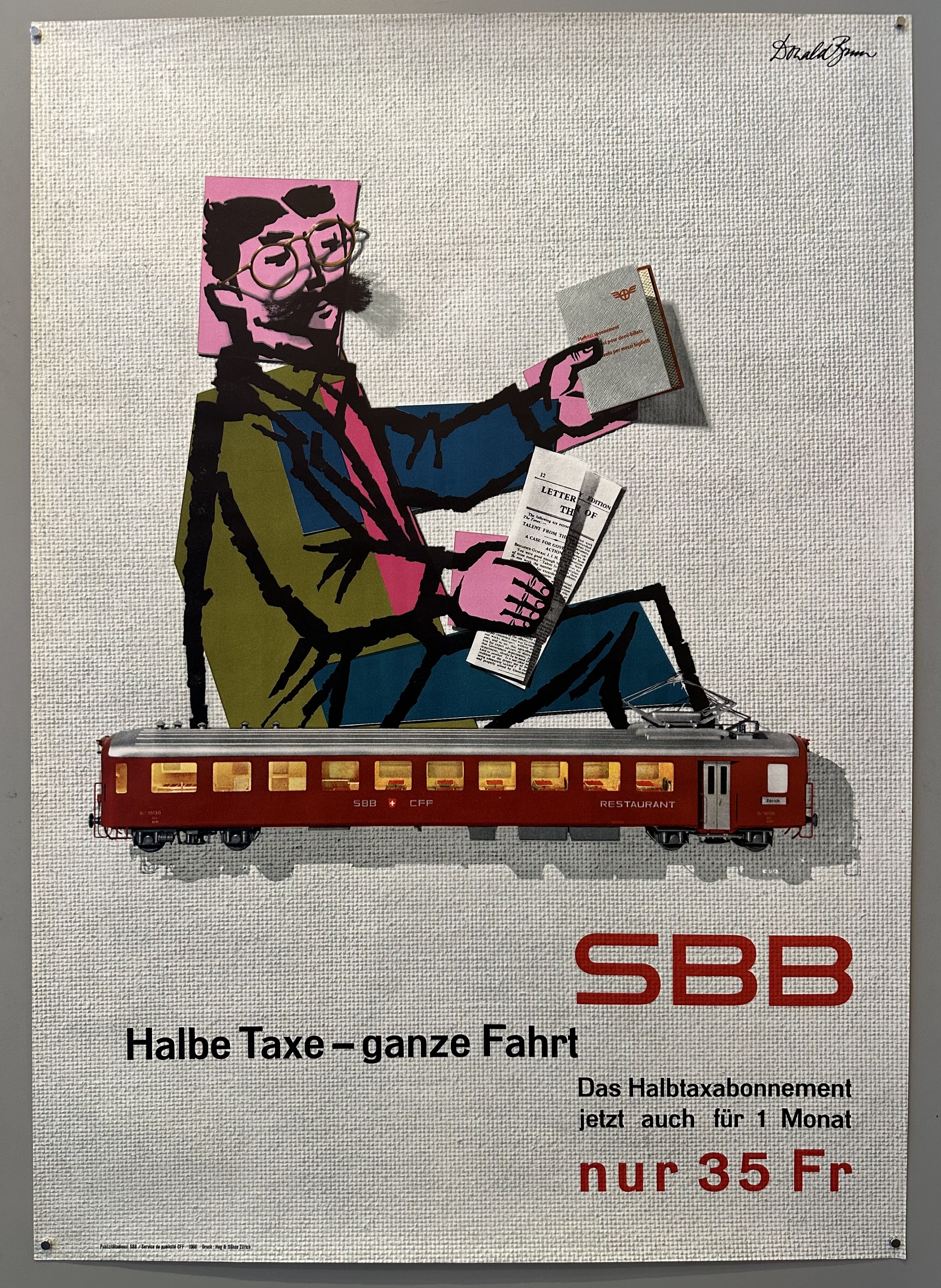 A vintage Swiss railway poster advertising the Swiss Half Fare Card, featuring a man in a train car reading a newspaper. The text "Halbe Taxe - ganze Fahrt" (Half Fare - Full Journey) promotes the card's benefit of 50% off train travel.
