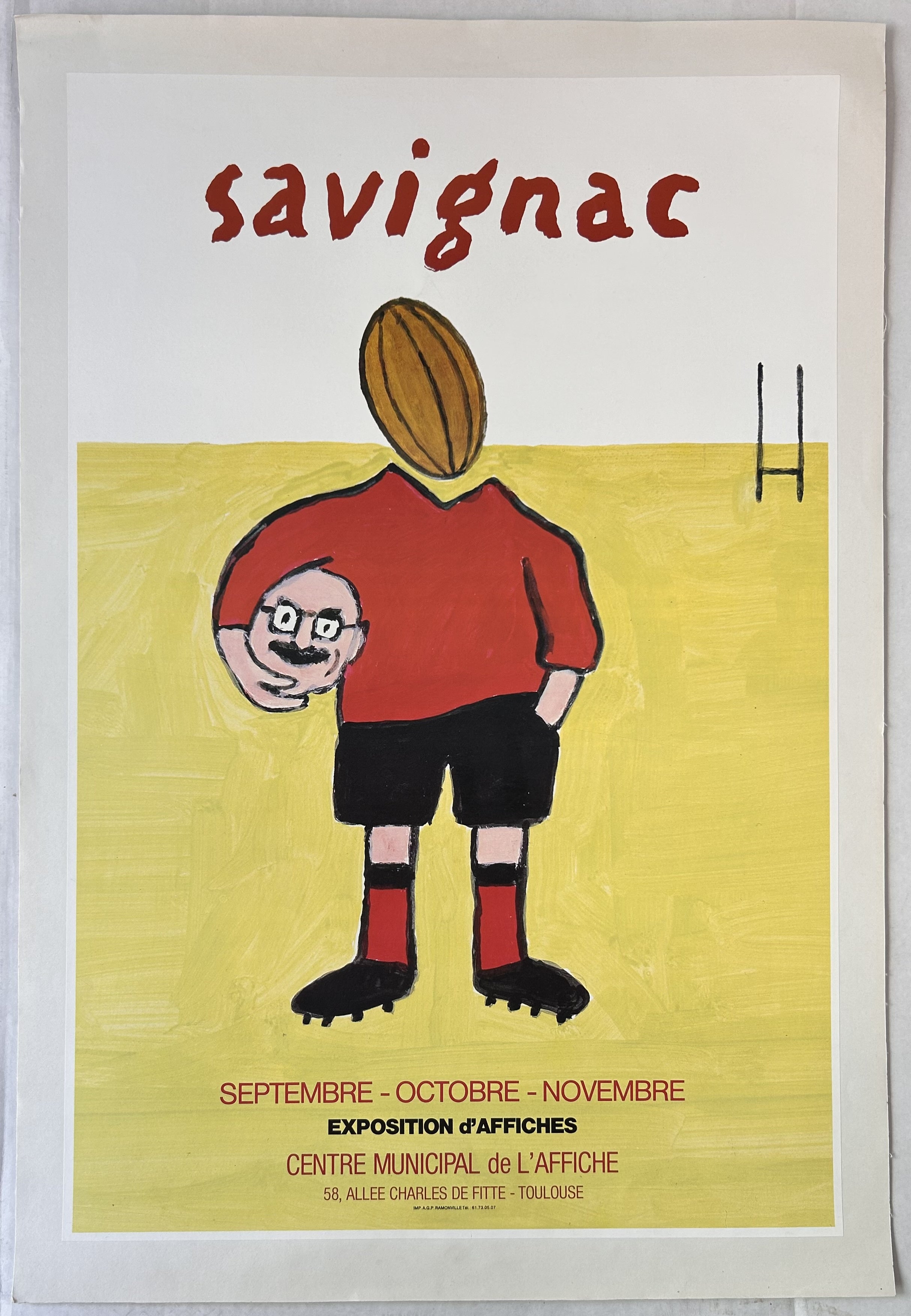 The poster advertises an exhibition of posters by Raymond Savignac at the Centre Municipal de l'Affiche in Toulouse, France, during September, October, and November.