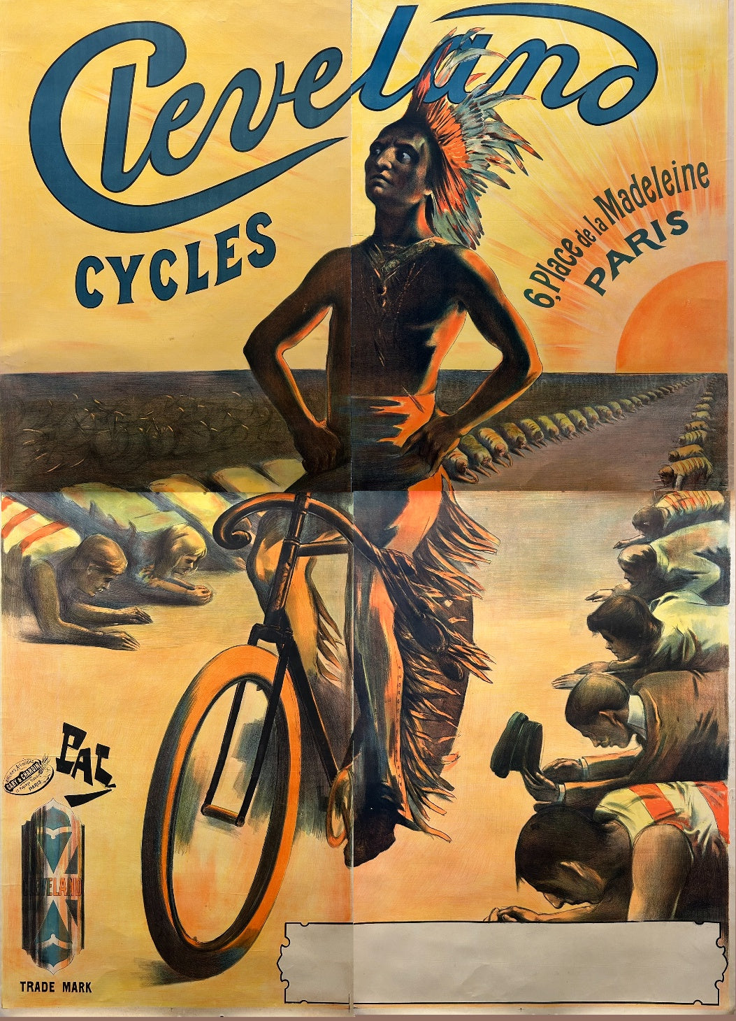 A vintage poster advertising Cleveland Cycles bicycles, featuring a Native American in a headdress riding a bicycle while a line of people bow before him.