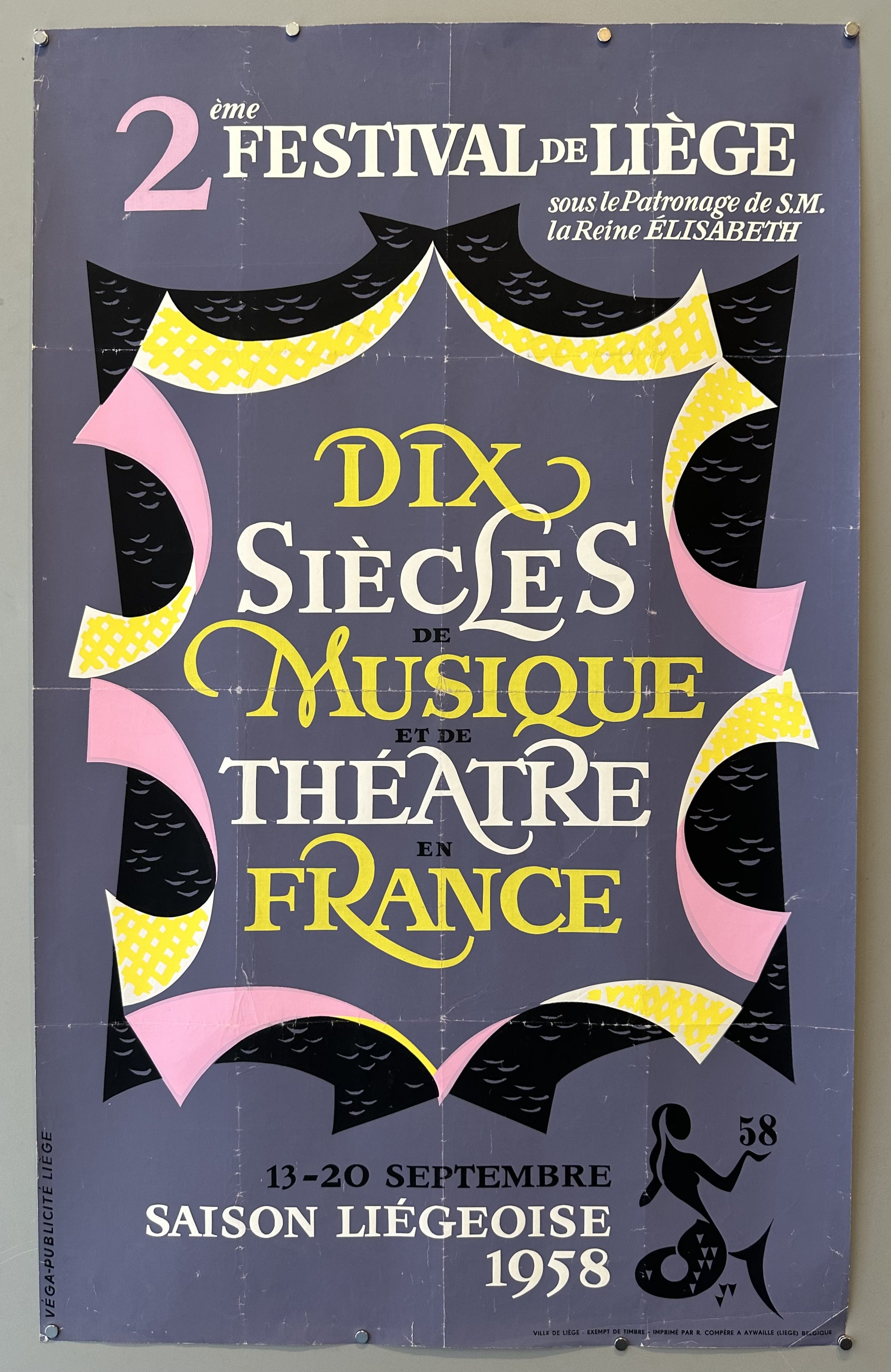 Mermaid themed poster with purple background and yellow and pink accent text promoting the 2nd Liège Festival in Belgium.