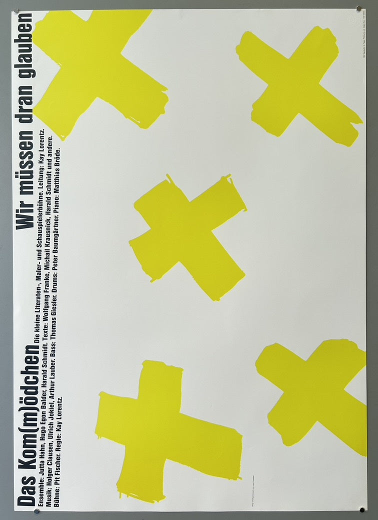 The prominent yellow fluorescent crosses in the design are interpreted as having multiple meanings, including Christian symbols, marks for political elections, signs of death, and targets or marks. T