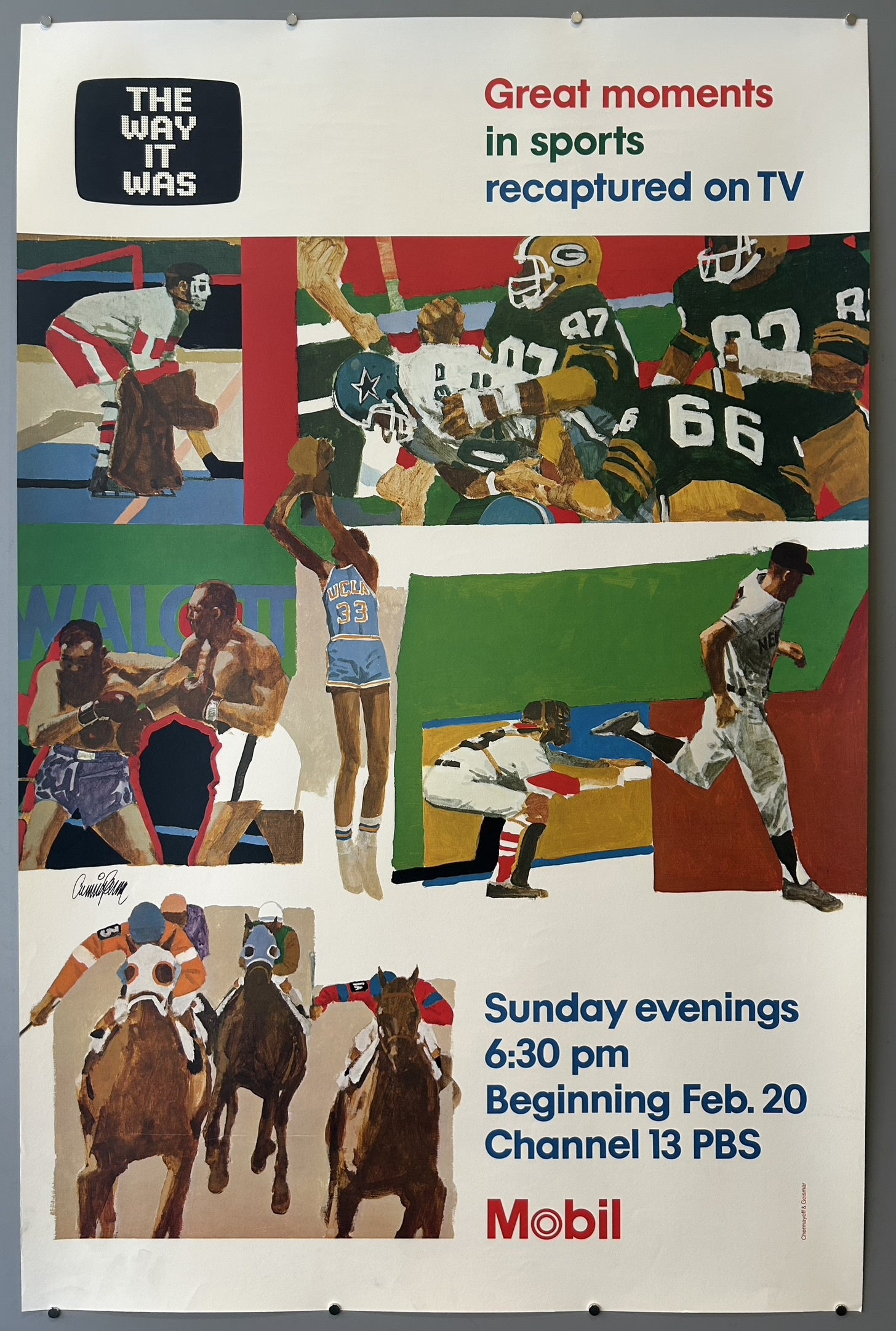 The poster features various illustrations depicting different sports, including football, basketball, boxing, and horse racing, reflecting the "great moments in sports" theme.