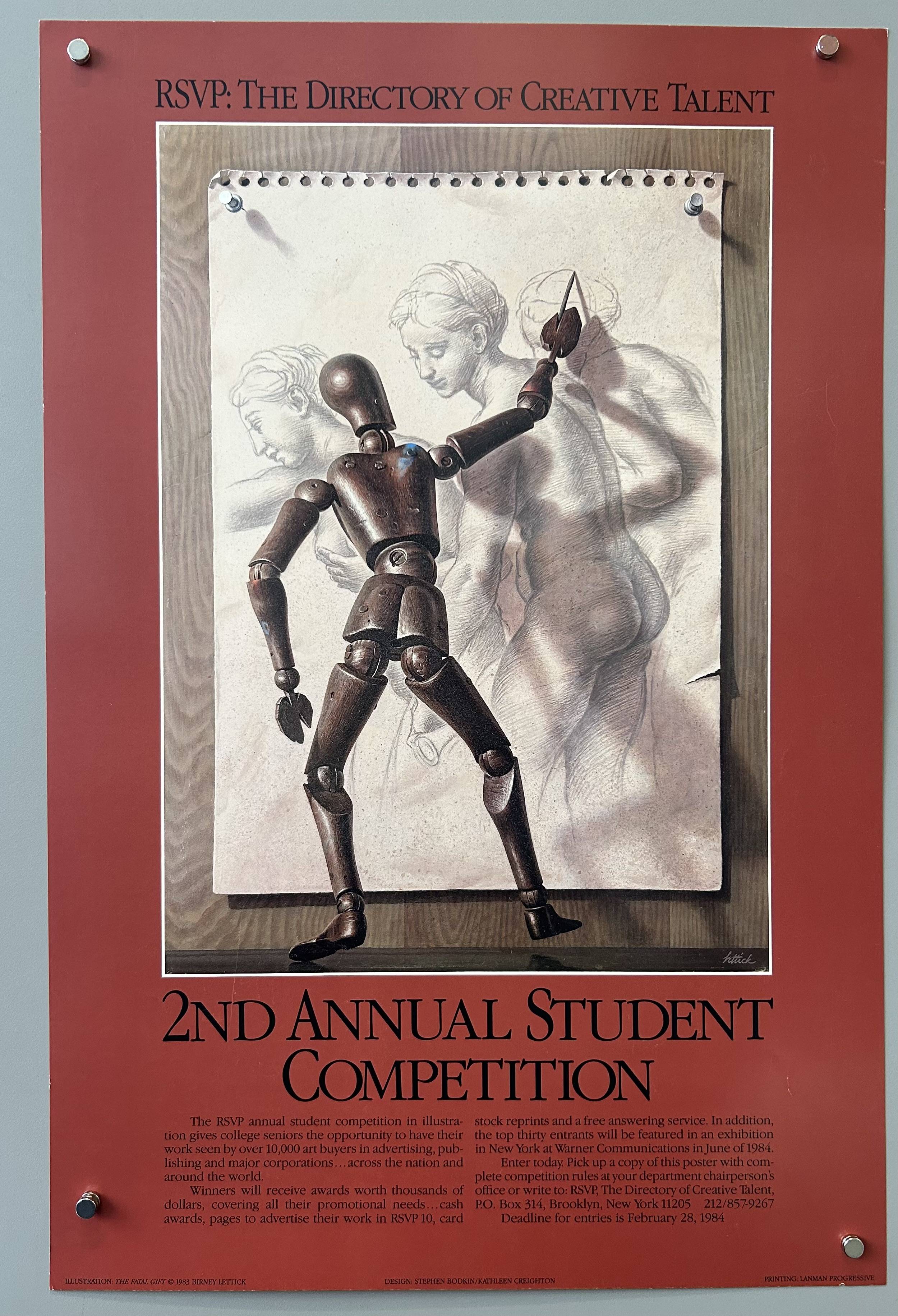 "2nd Annual Student Competition" by RSVP: The Directory of Creative Talent. The poster features a wooden artist's mannequin holding a pencil, superimposed over a sketchpad page showing a partial anatomical drawing of a human figure.